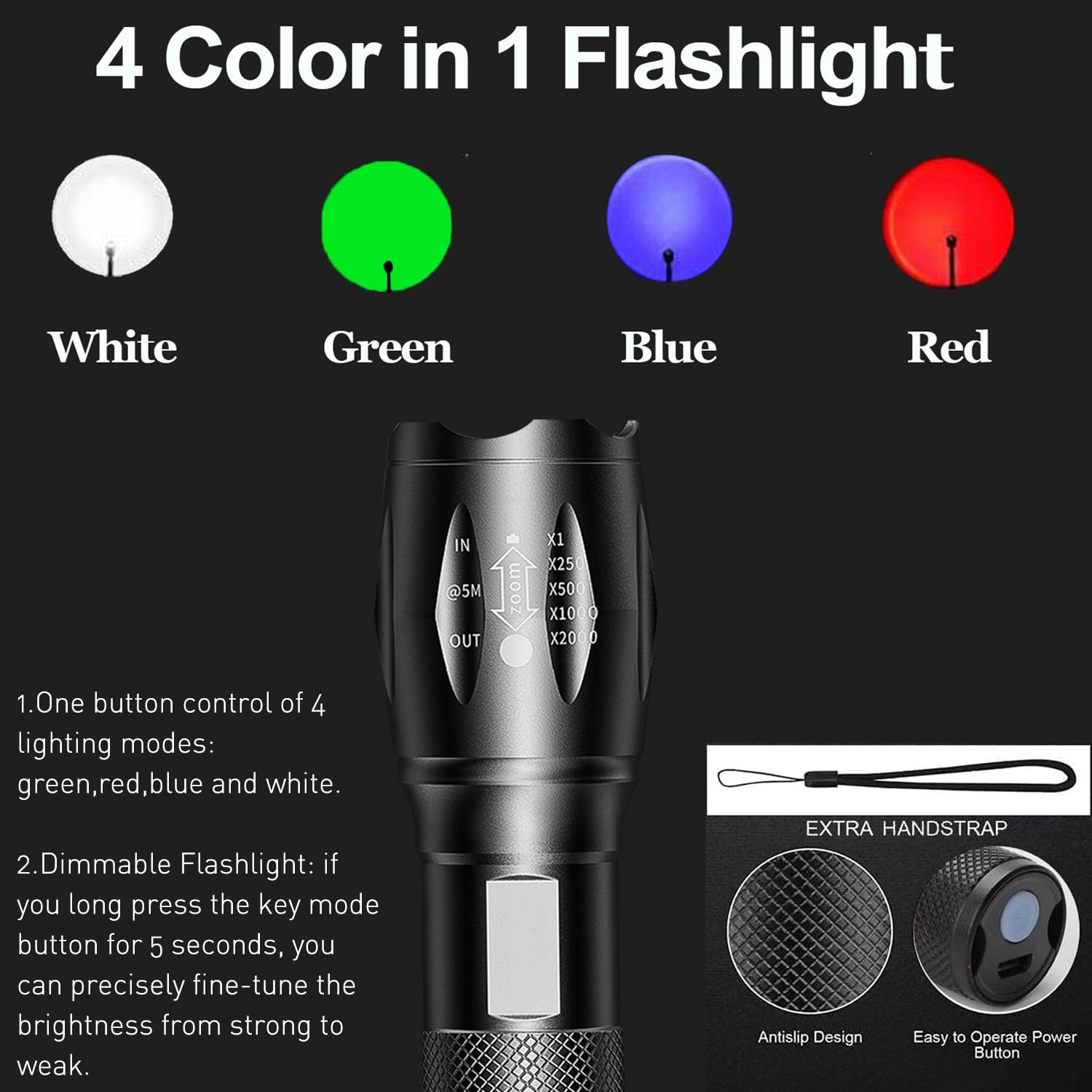 Mviocs 4-In-1 Red Rechargeable Flashlight - Multi-Color Led (White/Red/Blue/Green) Torch With 4 Modes, High Lumens Zoomable Flashlight For Camping, Observation, Emergency & Outdoor Adventures