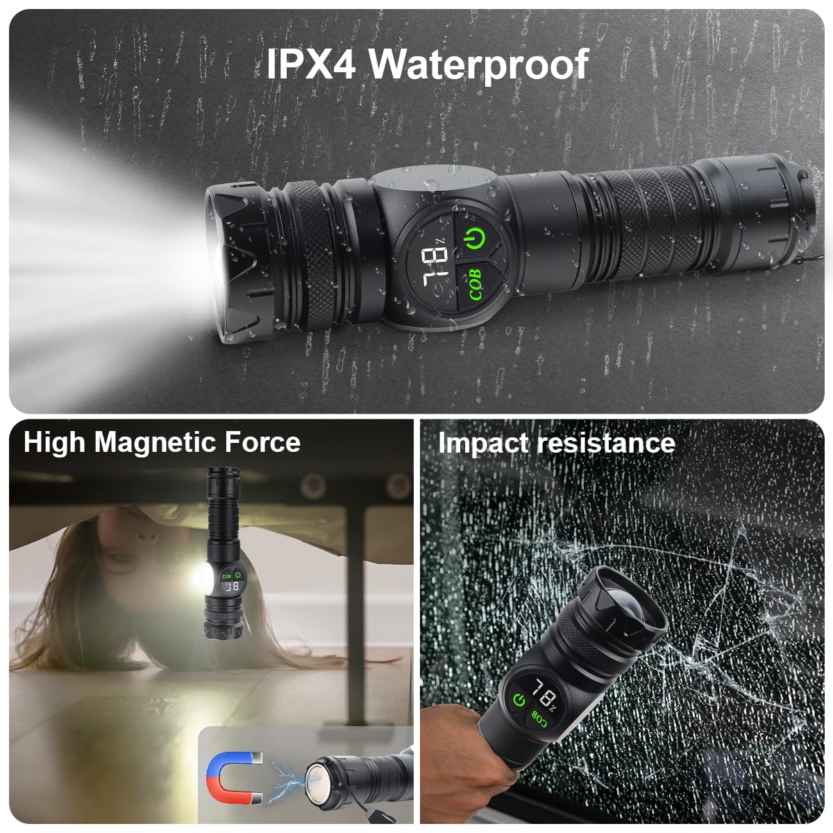 Gudoqi Flashlight Rechargeable With Led Power Display, Zoomable Flashlights High Lumens, 15-Hour Runtime, 9 Light Modes, Strong Side Light, Usb C Charging, Magnetic Base, For Hiking, Emergency