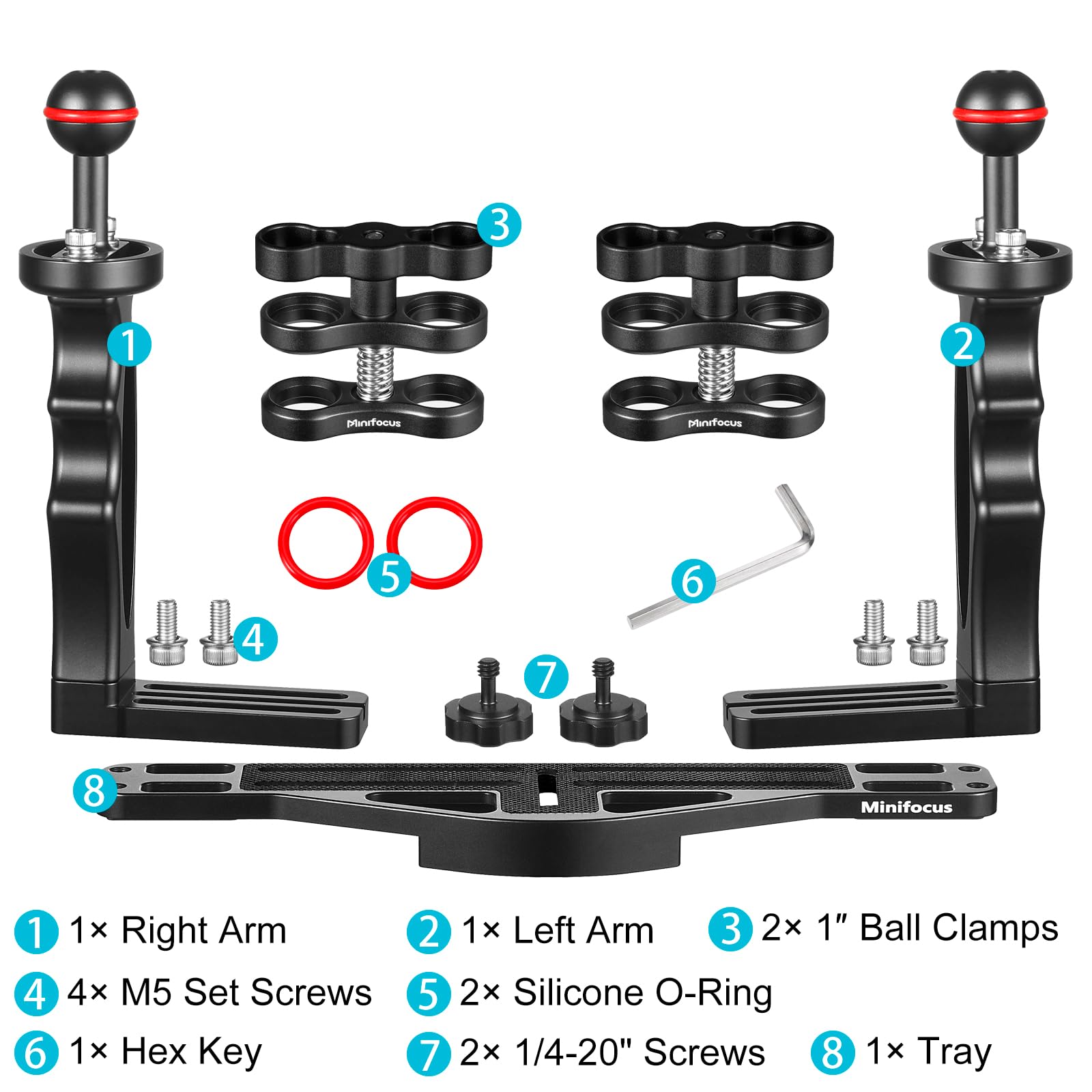 Minifocus Underwater Camera Handle Tray Bracket, Dual Handle Extendable Aluminum Alloy Video Stabilizer Holder With 2 1'' Ball Clamp Mount For Underwater Camera Diving Housings