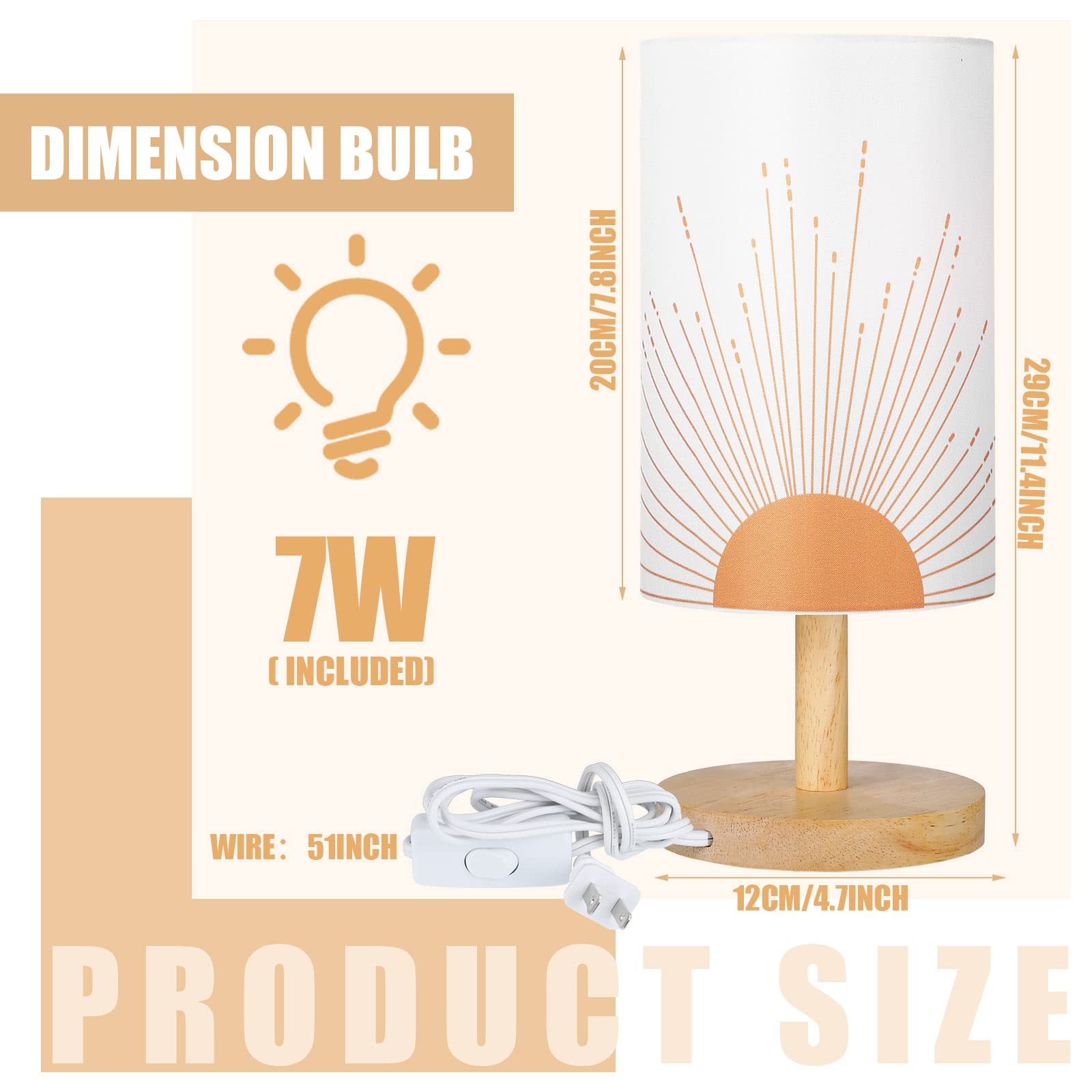Bonuci Bedside Table Lamp For Bedroom Boho Desk Lamp Minimalist Bedside Desk Lamp 3W Sun Background Trendy Abstract Geometric Small Night Stand Lamp With Wood Base For Bedroom Living Room Desk Office