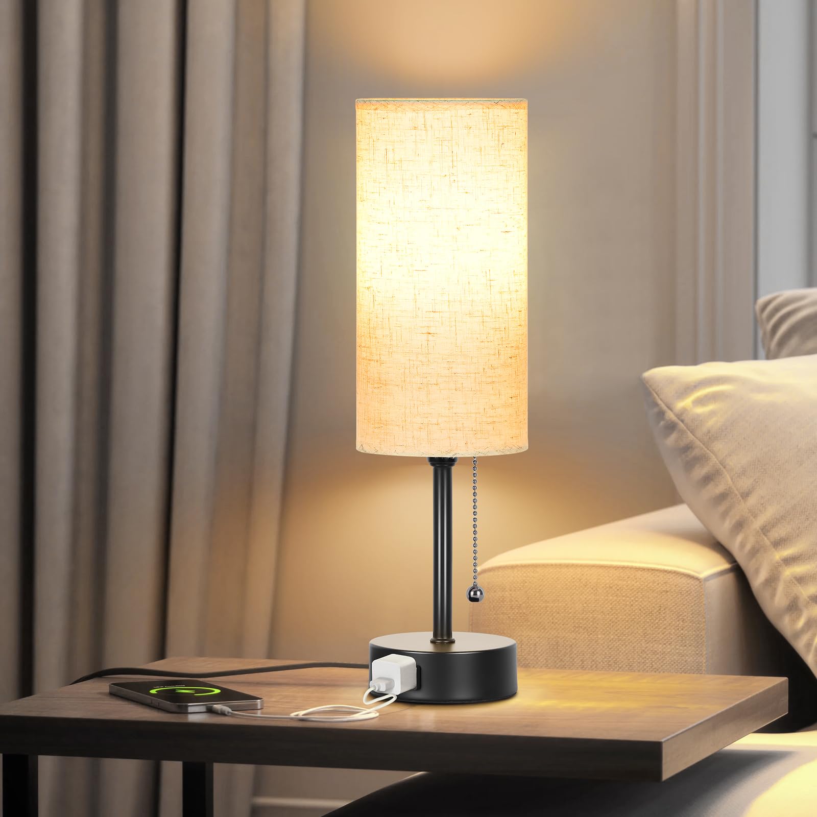 Dott Arts 15" Table Lamp For Bedroom, 3-Color Bedside Lamps With Pull Chain, Bedroom Table Lamps For Nightstand,Ac Outlet Small Lamp For Living Room, Bulb Included