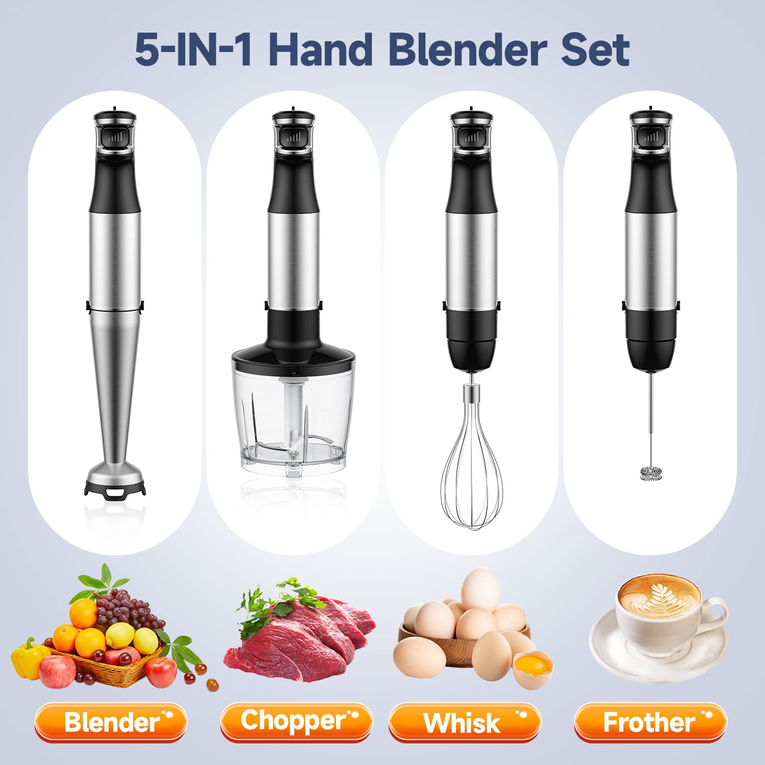 Uniqus Hand Blender 5 In 1 Immersion Trigger Control Grip Stick Mixer With Chopper, Whisk, And Frother For Kitchen Blend With Ease And Convenience