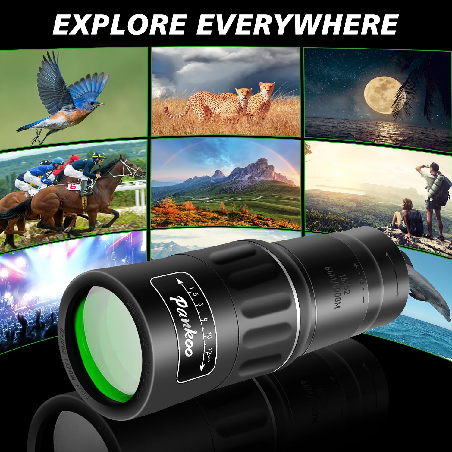 Pankoo 16X52 Monocular Telescope,  High Power Prism Compact Monoculars For Adults Kids, Hd Monocular Scope For Bird Watching Hiking Concert Travelling, D-Black