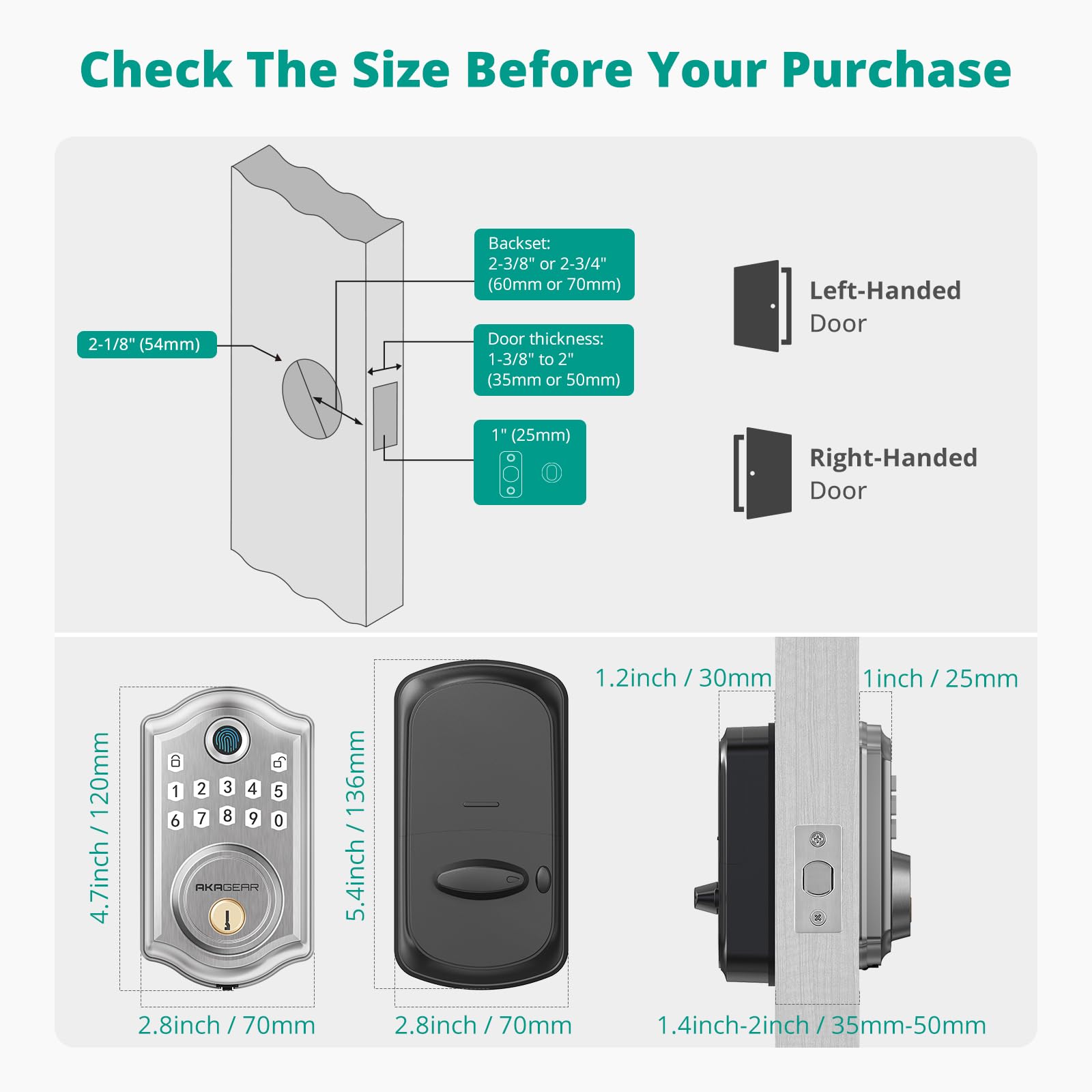 Akagear Ds10 Keyless Entry Door Lock With Fingerprint, Electronic Keypad, 2 Keys, Auto-Lock & One Touch Locking, Easy Installation, Satin Nickel