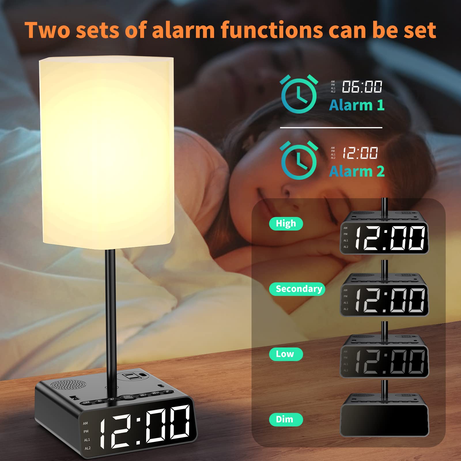 Sussex Table Lamp With Alarm Clock, Charging Station, Usb C & A, Ac Outlet Ports, Speakers, Radio - Power Outlet With Touch Control 3-Way Dimmable Nightstand Lamp For Kids Study Room, Bedroom