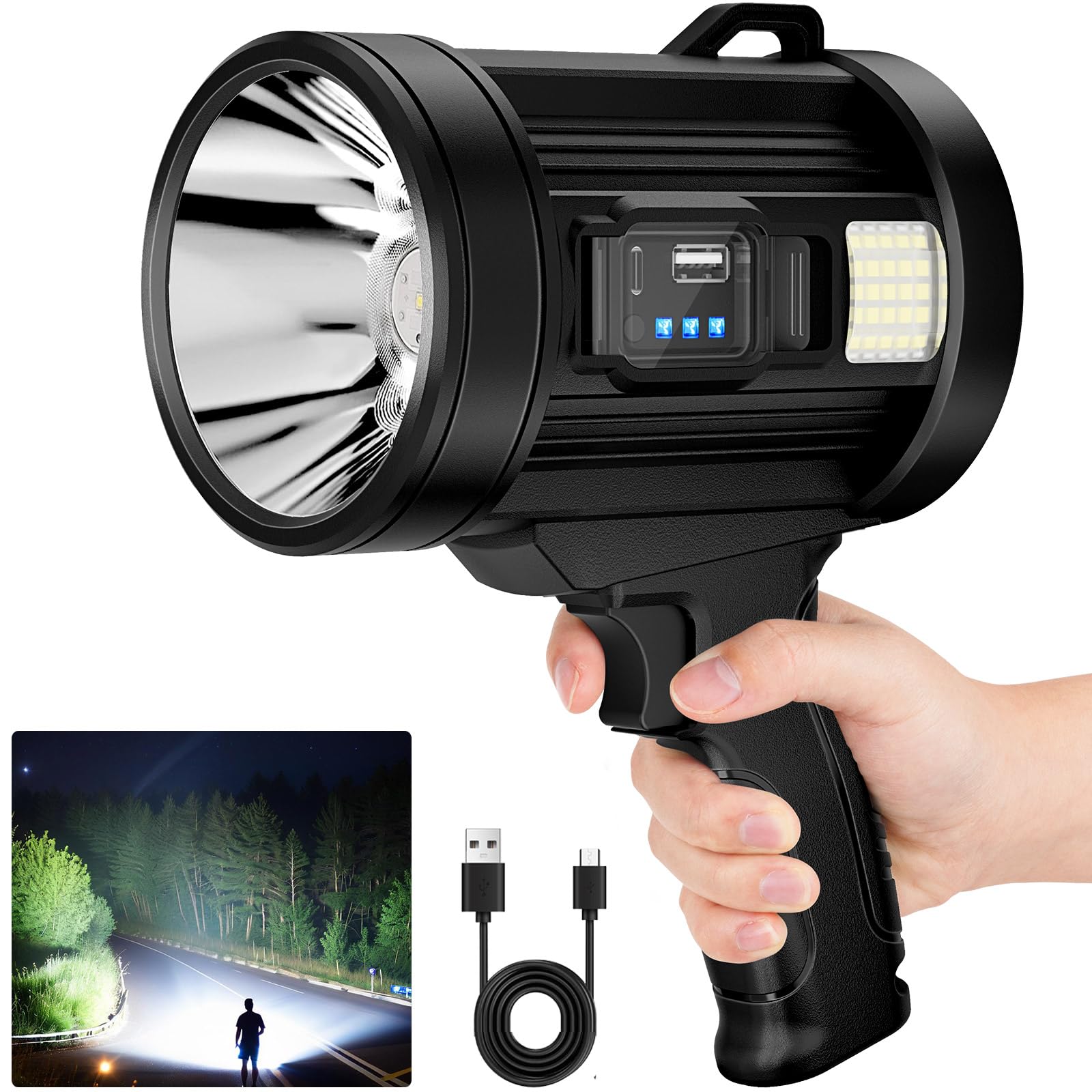 Lylting Rechargeable Spotlight Outdoor,1,000,000 Lumens Solar Spotlight Flashlight With Cob Light And Solar Panels, Lightweight Handheld Led Spot Light For Hunting Boating Emergencies