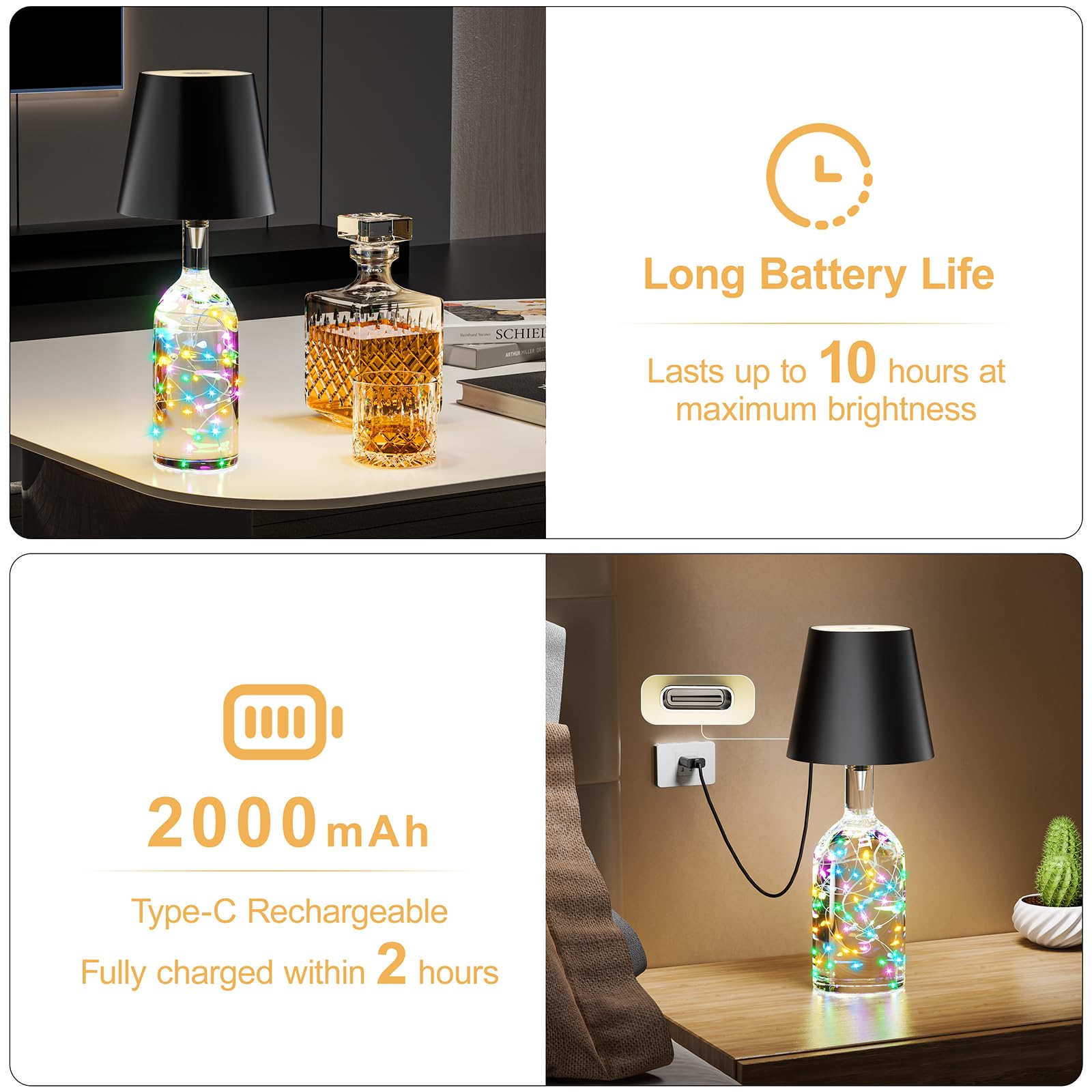 Homebest Wireless Bottle Lamp,Wine Bottle Lights With Remote,2000Mah Touch Table Lamp Shades With Rgb String Lights And Timer,5-Level Brightness &3 Color Temps Battery Operated Lamp For Living Room,Bar(2 Pack)