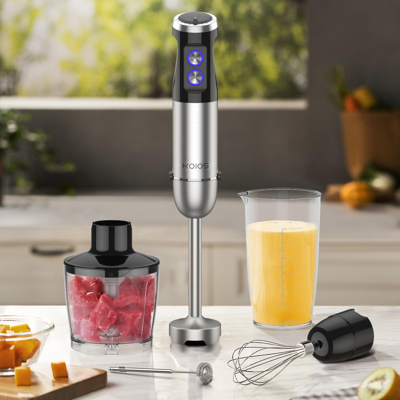 Koios 1000W Immersion Hand Blender, Upgrated 5-In-1 Handheld Blender, Full Copper Motor, Titanium Enhanced Blender Shaft, 12-Speeds, 600Ml Mixing Beaker, 500Ml Chopper, Whisk & Milk Frother