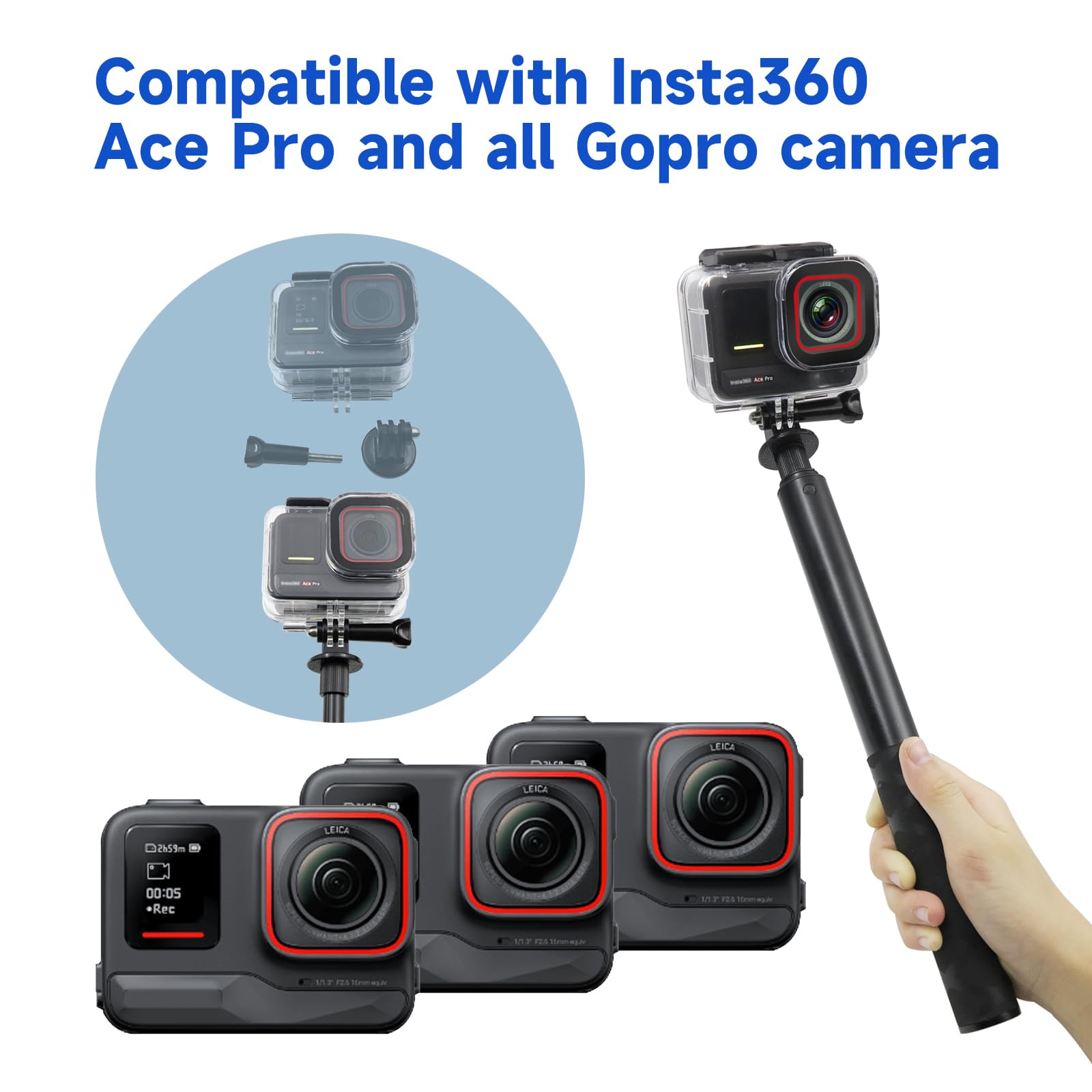 Shoot Selfie Stick 45.2Inch/115Cm Extension Invisible Monopod Compatible For Gopro Hero 13/12/11/10/9 For Insta 360 Ace Pro X4 X3 Dji Action 4 3 2 Akaso And Other Action Cameras