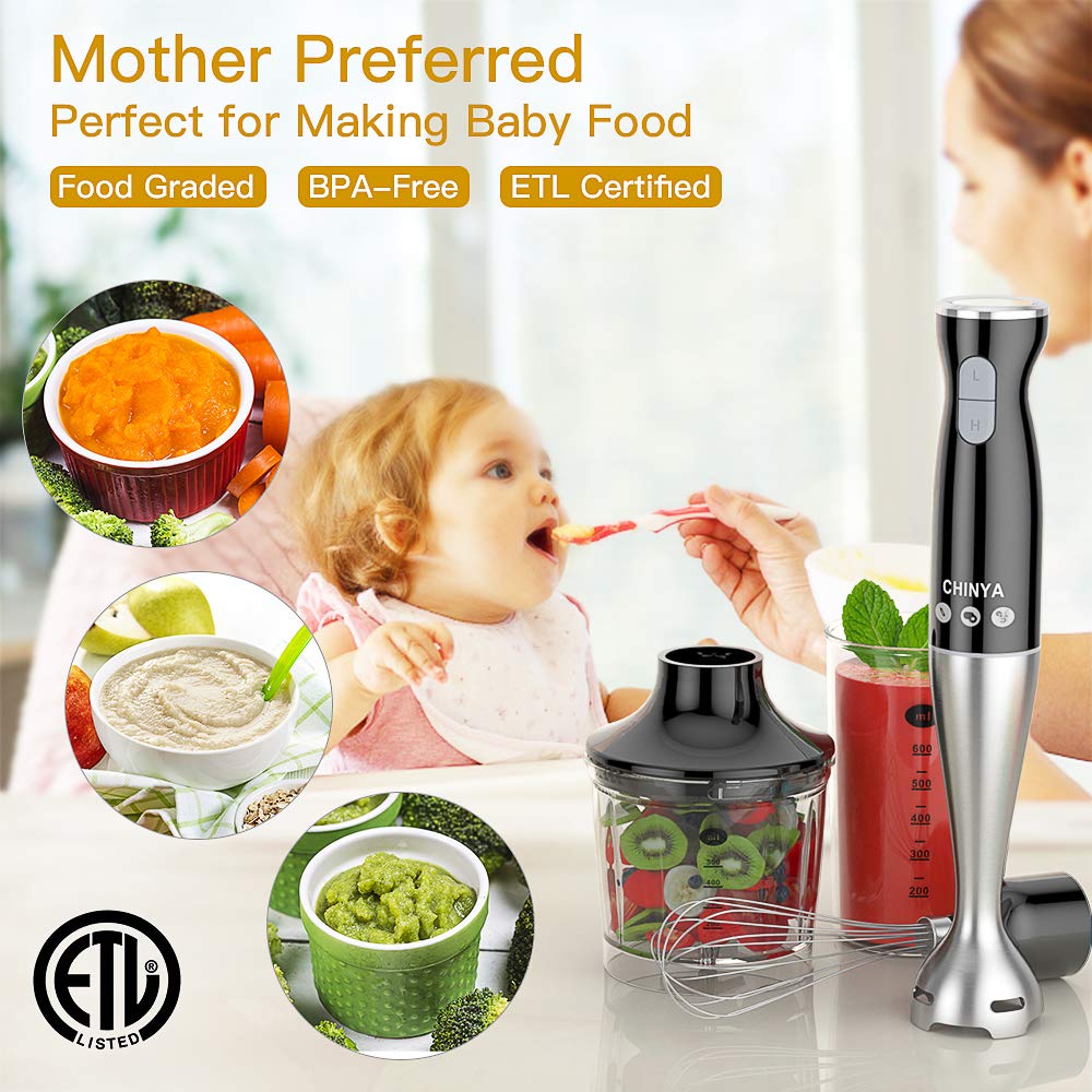 Chinya Immersion Hand Blender, Powerful 4-In-1 Hand Blender,Electric Food Blender With 16Oz Food Chopper, 20Oz San Beaker And Ballon Whisk, Bpa- Hand Mixer Set