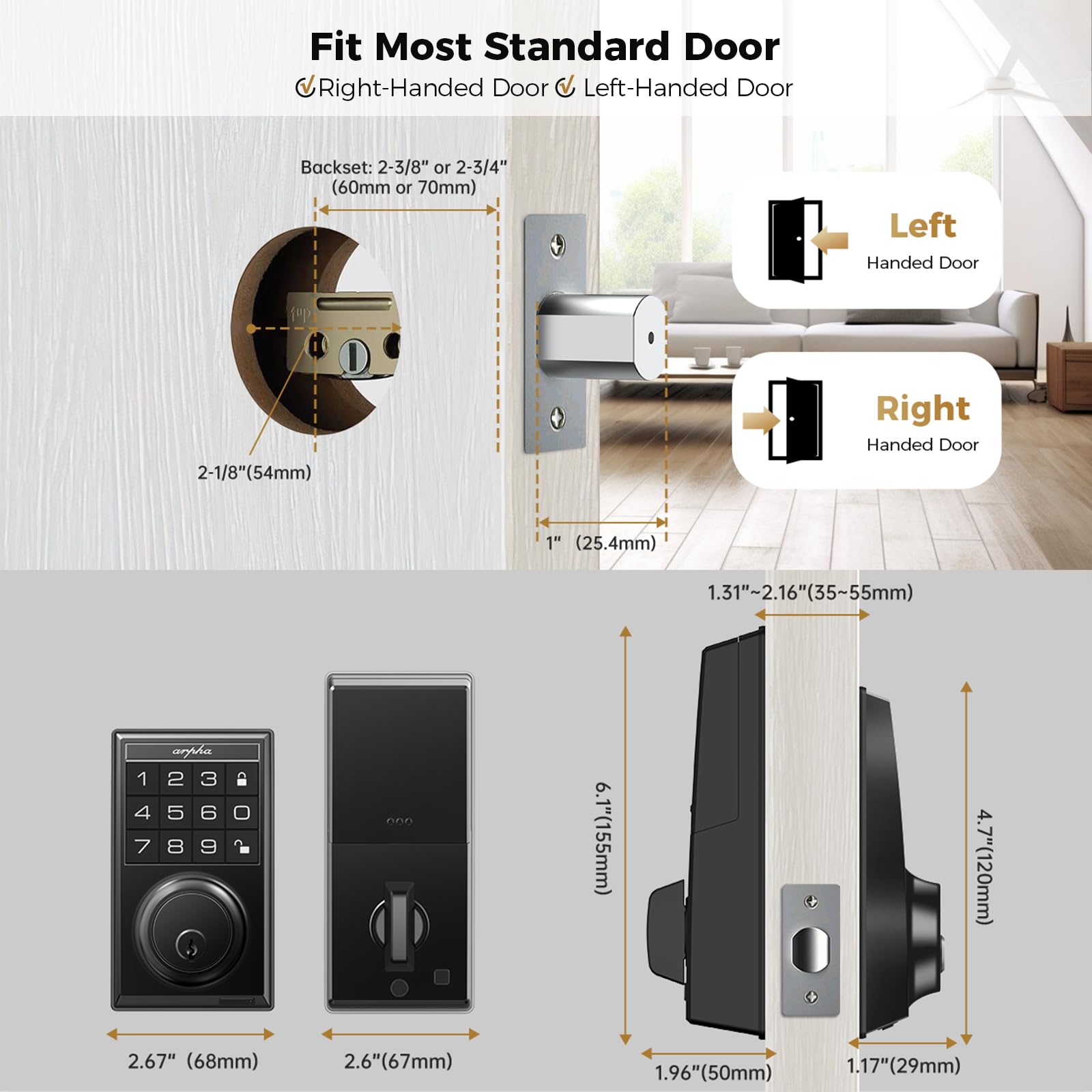 Arpha Keyless Entry Door Lock D100, Electronic Keypad Deadbolt, Smart Locks For Front Door With 100 User Codes, One-Touch Lock/Unlock, Auto-Lock, Anti-Peeking Password, 2 Keys, Easy Install, Zinc Alloy
