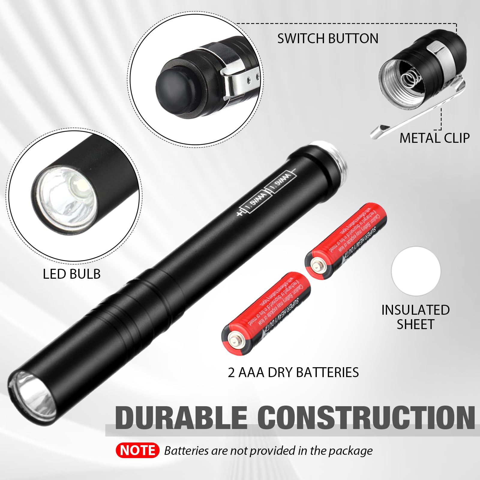 Rossesay 24 Pack Led Pen Lights Bulk, Pocket Flashlight With Clip, Aluminum Pen Flashlights Mini Pen Lights For Nurses Hospital Outdoor Camping Emergency Hiking (Black)