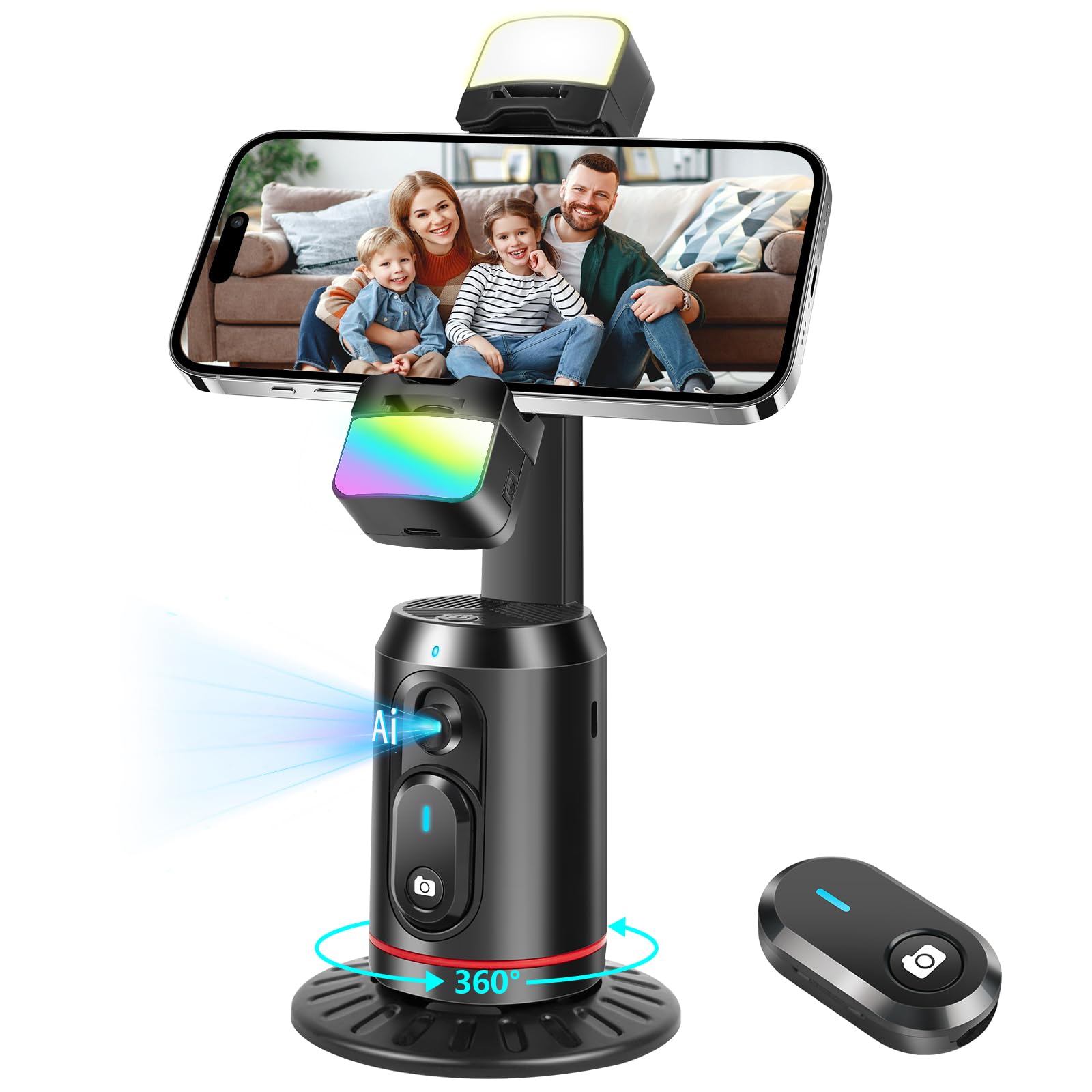 Kalofaye Automatic Face Tracking Tripod, 360° Rotating Smart Camera Stand, Led Fill Light, No App Required, Gesture Control, With Detachable Remote Control, Suitable For Vlog Live Broadcast And Video