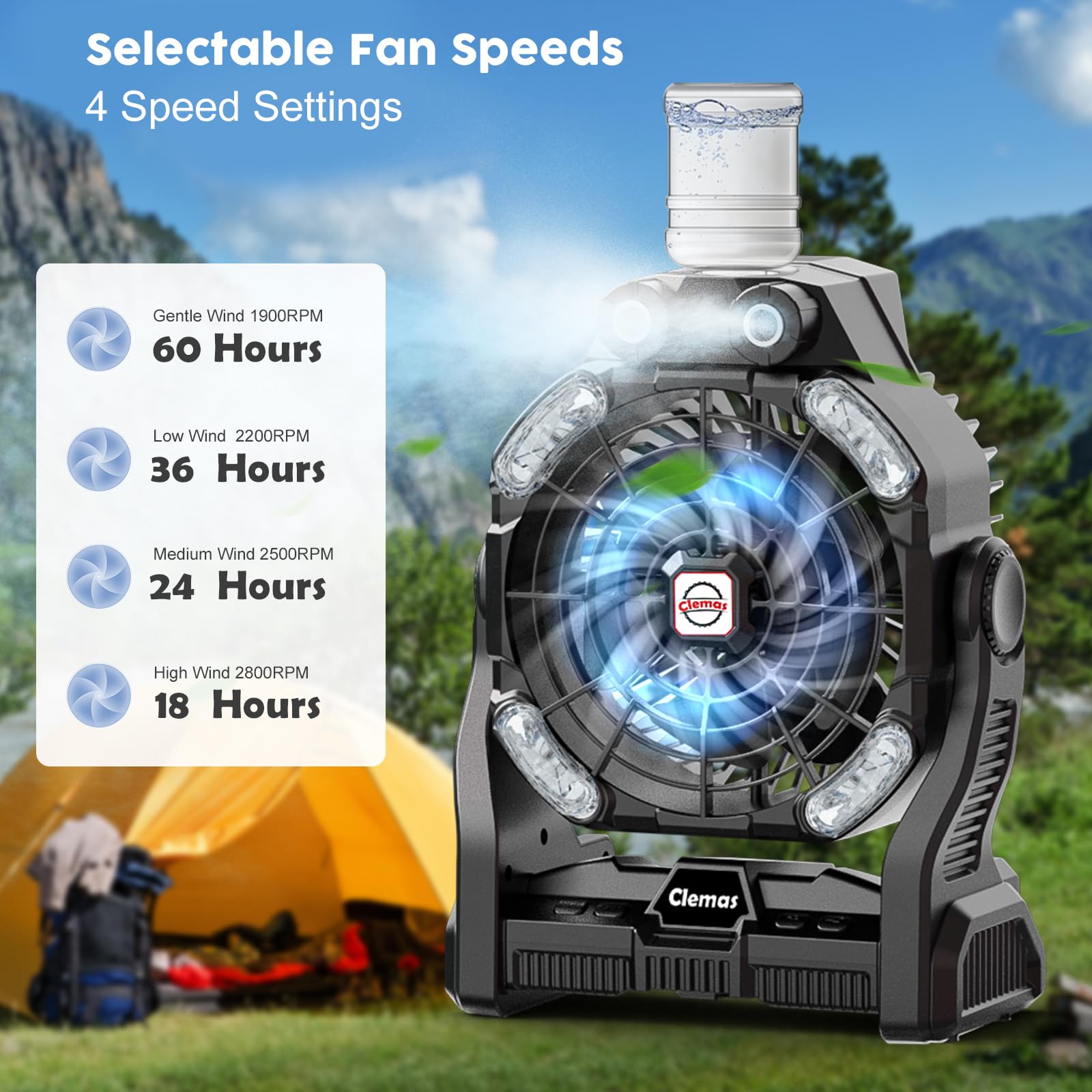 Large Camping Fan With Mister Rechargeable Long Lasting Portable Battery Powered Water Misting Fan