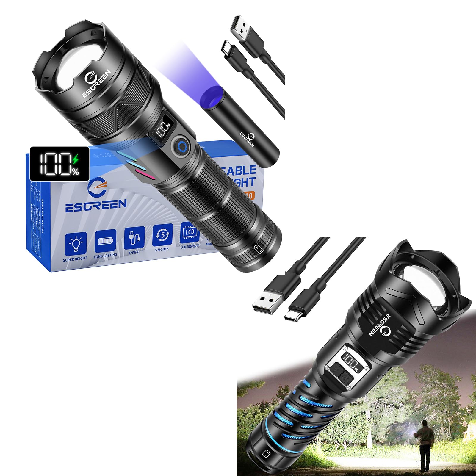Esgreen 2 Pack Super Bright Rechargeable Flashlights High Lumens, Long Range,Long Lasting, Multi-Functional Usb Input & Output