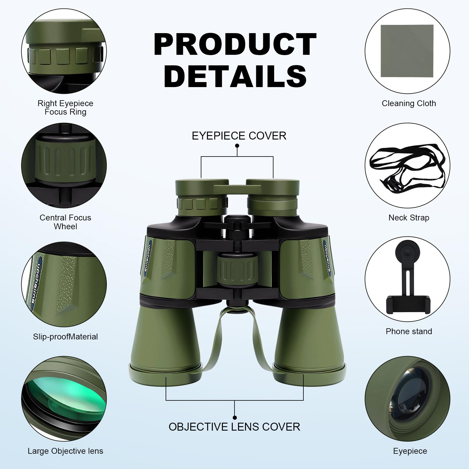 Upcheirna 20X50 High Zoom Adult Binoculars High Power With Phone Adapter, Low Light Night Vision, Lightweight & Portable For Bird Watching, Hunting, Stargazing(Green)