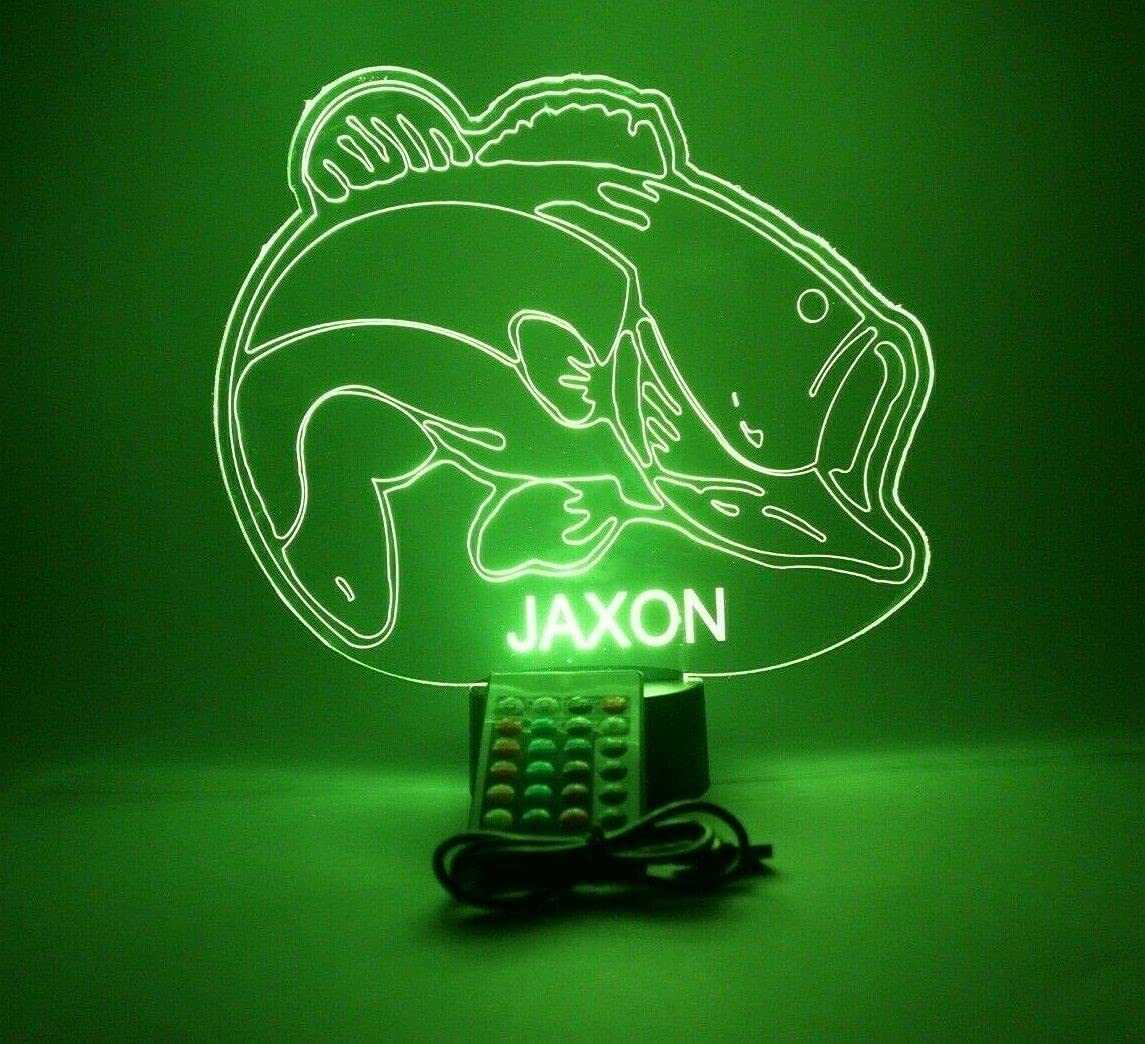 Mirror Mania Fish Sea Bass Gone Fishing Fisherman Night Light Up Lamp Led Personalized Engraved Desk Table Lamp, It'S Wow, With Remote, 16 Color Options, Dimmer, Engraved, Great