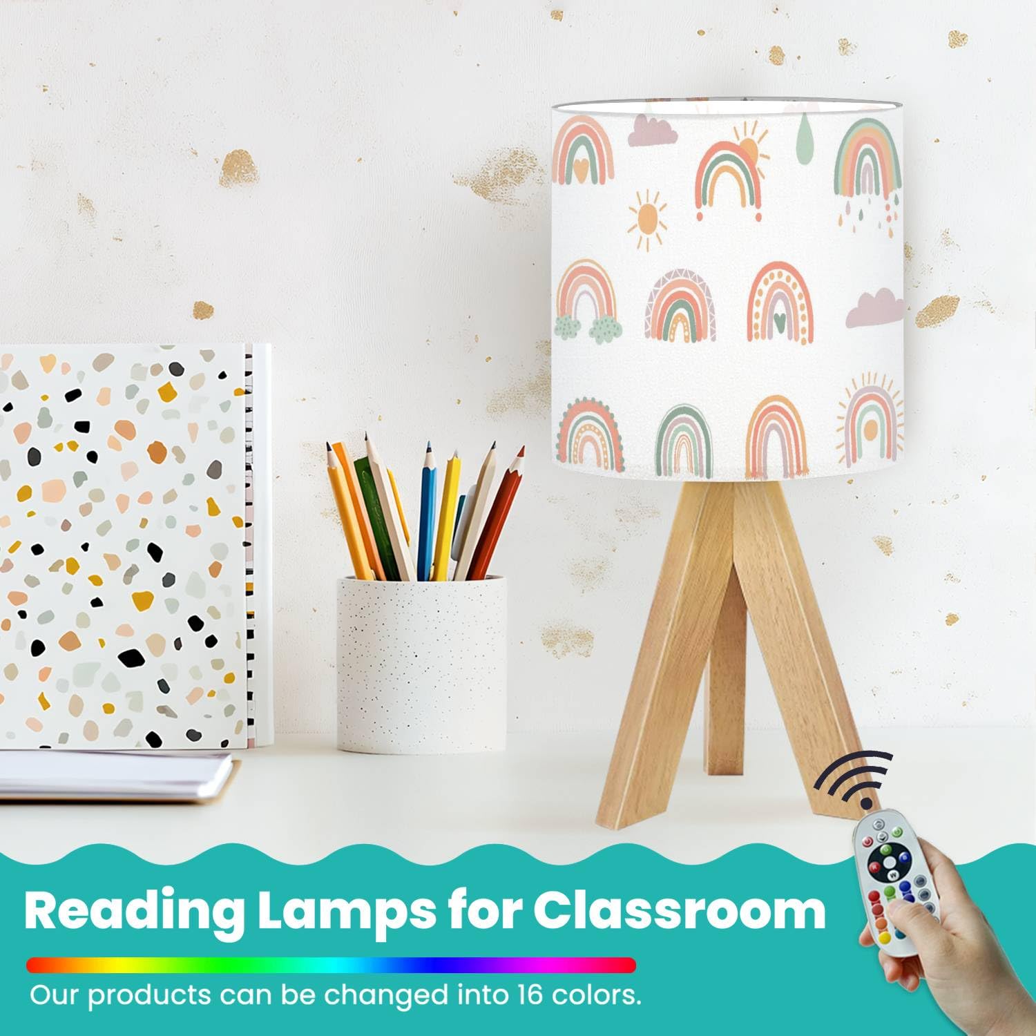 Oepwqiwepz Tripod Bedside Desk Table Lamp Hand Drawn Boho Rainbows Cute Set Pastel Earthy Colors Isolated Wood Nightstand Lamp With Linen Fabric Shade For Nursery Bedroom Living Room Kids Room