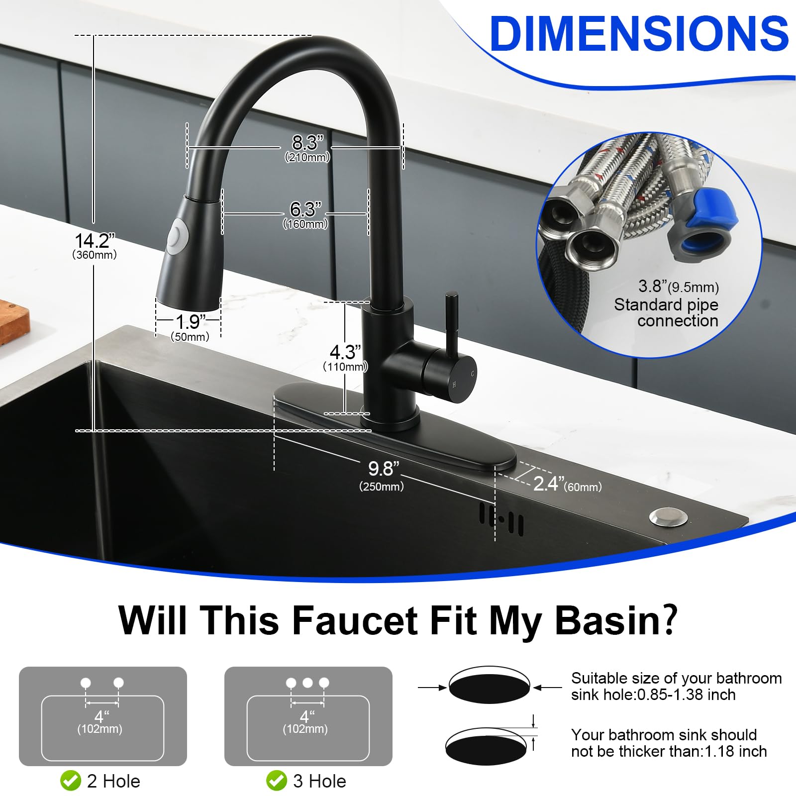 Nohalipy Commercial High Arc Matte Black Kitchen Faucet,Black Stainless Steel Kitchen Faucets,Pull Down Sprayer Faucet For Kitchen Sink,Single Handle Kitchen Faucet With Dual-Function Spray Mode