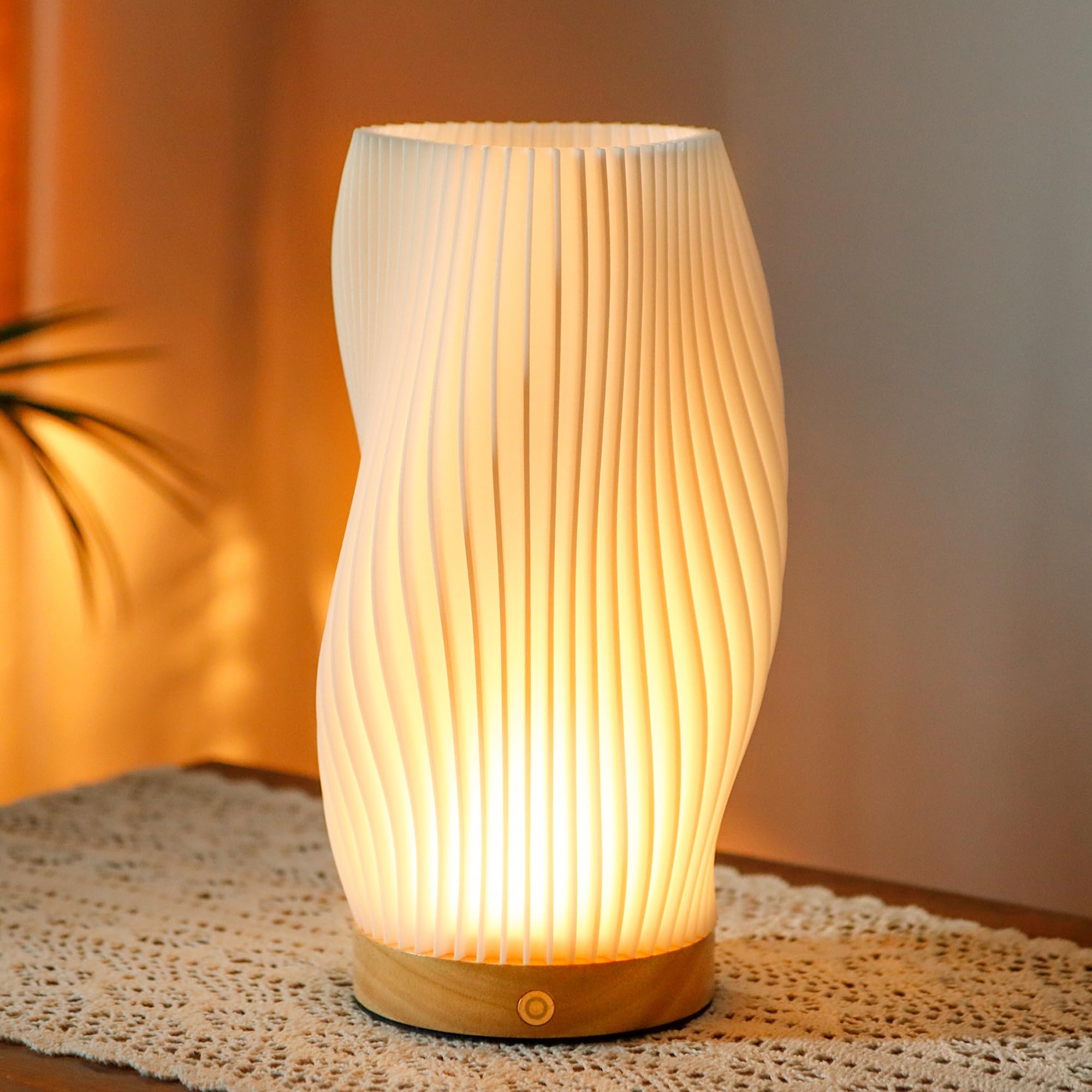 Jhy Design 3D Printed Touch Bedside Lamp 9" H Table Lamp 3-Color Light Source Dimmable Nightstand Lamp With Woodbase For Bedroom Living Room Indoors Outdoors(Spiral,Type-C Charging)