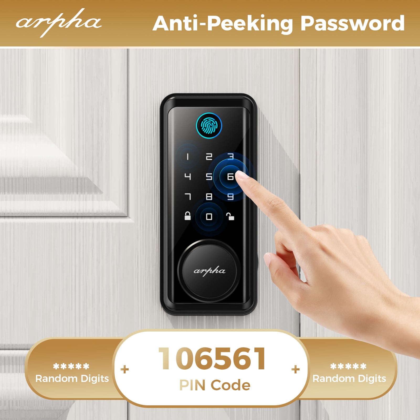 Arpha Fingerprint Door Lock • Keyless Entry Door Lock Deadbolt • Multiple Entry Methods – App • Fingerprint Touch Id • Keypad Code • Traditional Key • Auto-Lock • Ip54 Waterproof • Easy To Install, Black
