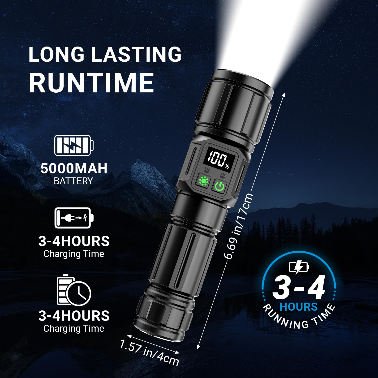 Buntey High Lumen Led Flashlight Rechargeable Handheld Flashlights High Lumens Flashlights For Home Zoom With Lcd Digital Display 9 Modes Waterproof Powerful Tactical Flashlight Used For Emergency