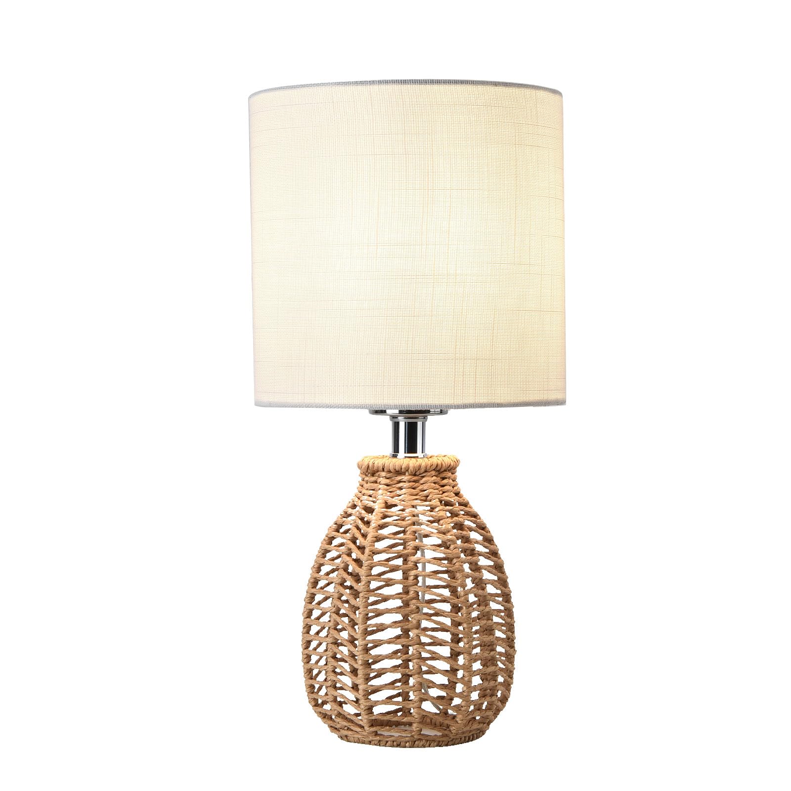 Kunjoulam Rattan Table Lamp With Linen Fabric Shade, Desk And Bedside Lamp For Living Room And Home Office