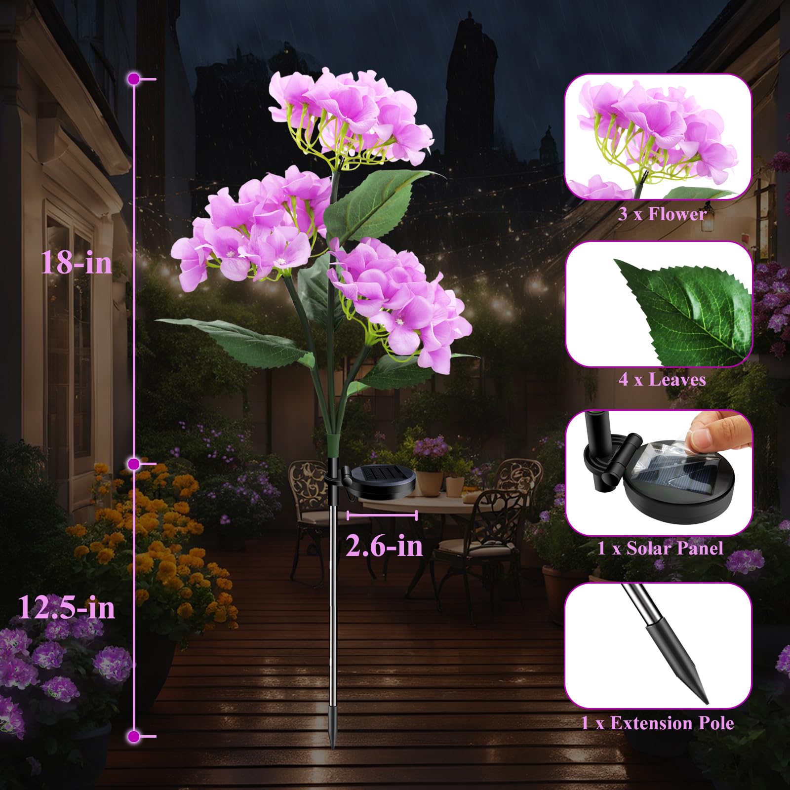 Yaodema Garden Lights Solar Flower Light, Led Solar Powered Outdoor Light Decor For Path Yard Walkway Patio Balcony Lawn, Hydrangea Artificial Flower (Purple, 2)
