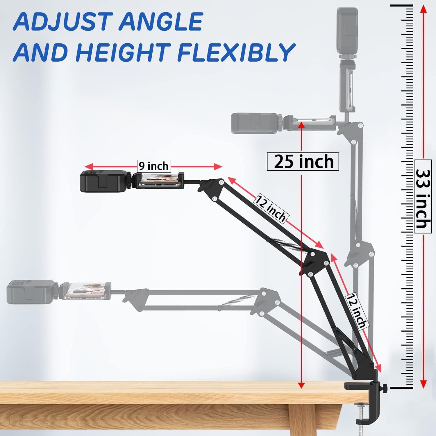 Ljinge Overhead Phone Mount, Articulating Arm Cell Phone Holder With Led Light, Flexible Phone Stand For Live Streaming, Video Recording, Painting Lighting, Cooking