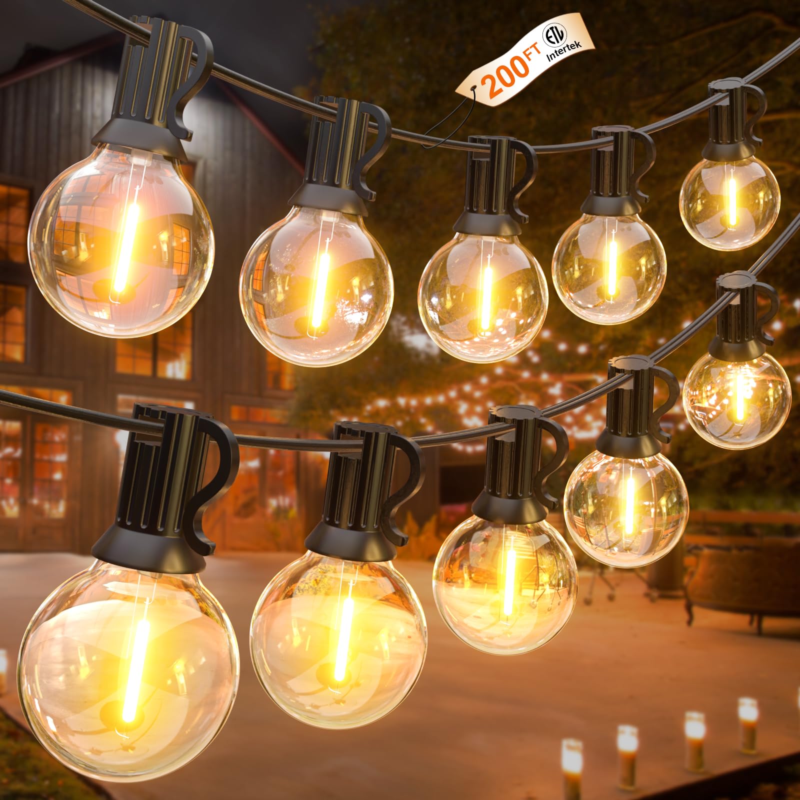 Gluroo 200Ft(100Ft2Pc) Outdoor String Lights, G40 Led Patio Lights With 100+4 Bulbs, Waterproof Shatterproof Dimmable Globe Hanging Outdoor Patio Lights Cafe, Bistro Outside Lights For Patio