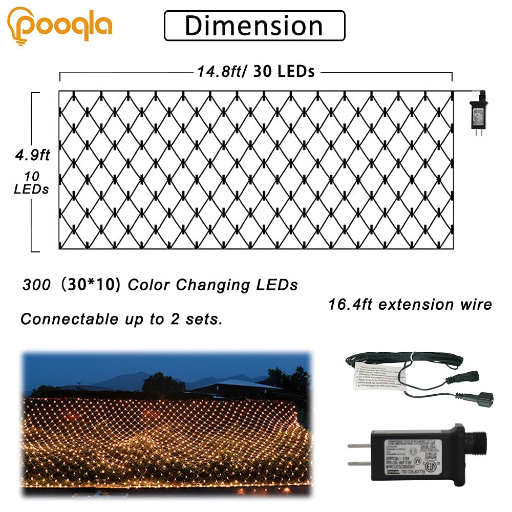 Pooqla Net Lights, 300Led Christmas Outdoor Mesh, 14.8X4.9 Ft Fairy String 8 Modes Green Wire, Connectable Waterproof Decorative For Bushes Tree Garden Halloween, Warm White