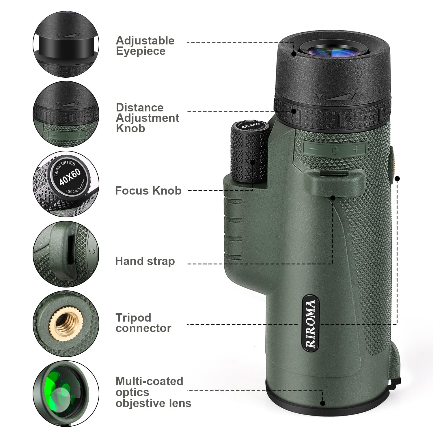 Riroma Monocular - Telescope 40X60 Hd Monocular With Smartphone Adapter Tripod & Portable Bag, Monoculars For Adults High Power With Bak4 Prism & Fmc Lens, Suitable For Bird Watching Hunting Hiking Camping
