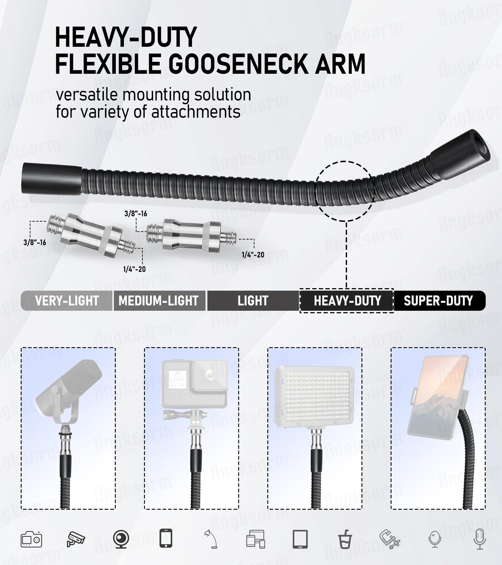 Angksorm Heavy-Duty Flexible Gooseneck Arm Extension Tubing Kit Flex Mount For Mobile Phones Cameras Mic Lighting And More Fits Most Stands Tripods Rigs Grips And Clamps (24-Inch)
