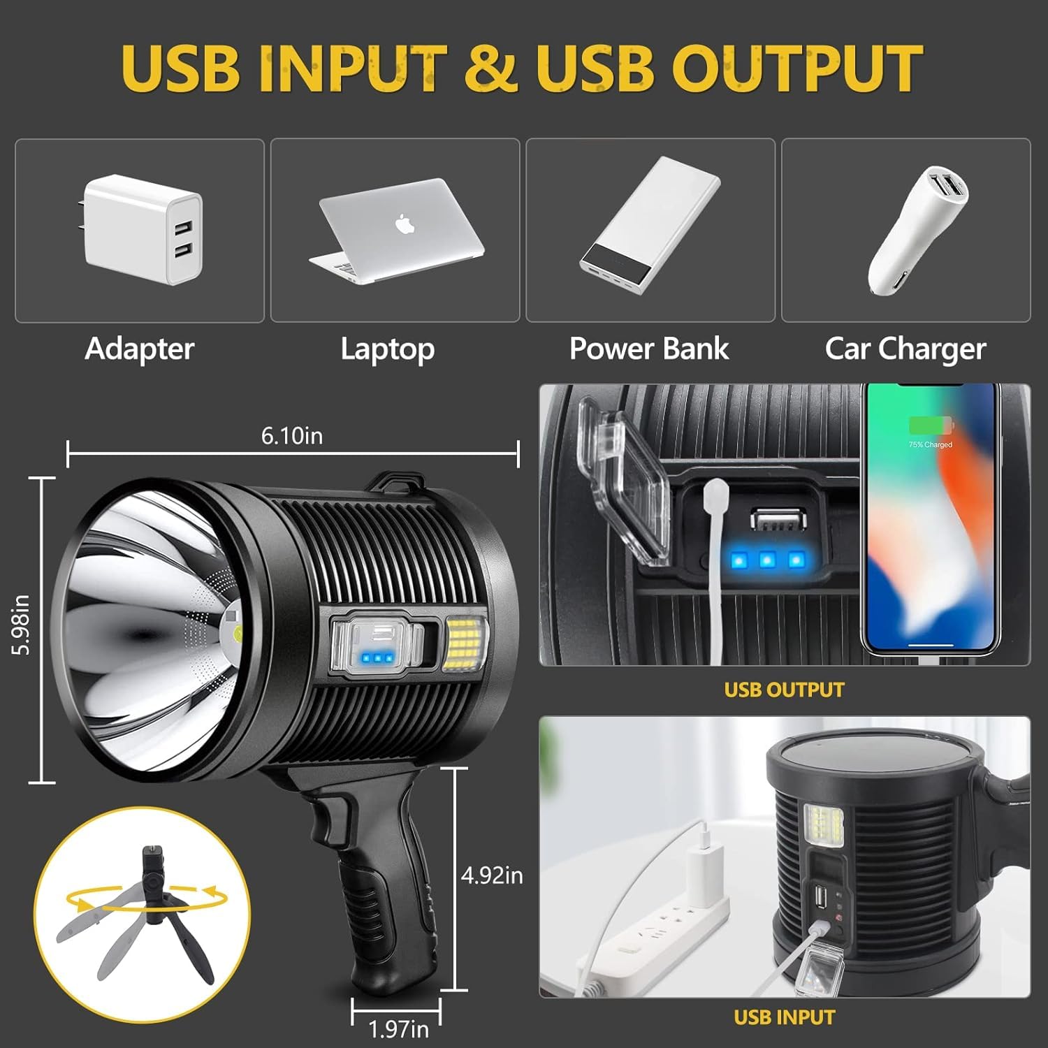 Jsknb 1000000 Lumens Spotlight, 6 Modes Super Bright Rechargeable Spotlight Flashlight, Ipx6 Waterproof Outdoor Handheld Spot Lights For Marine Hunting Boating, Xxx-Large With Tripod