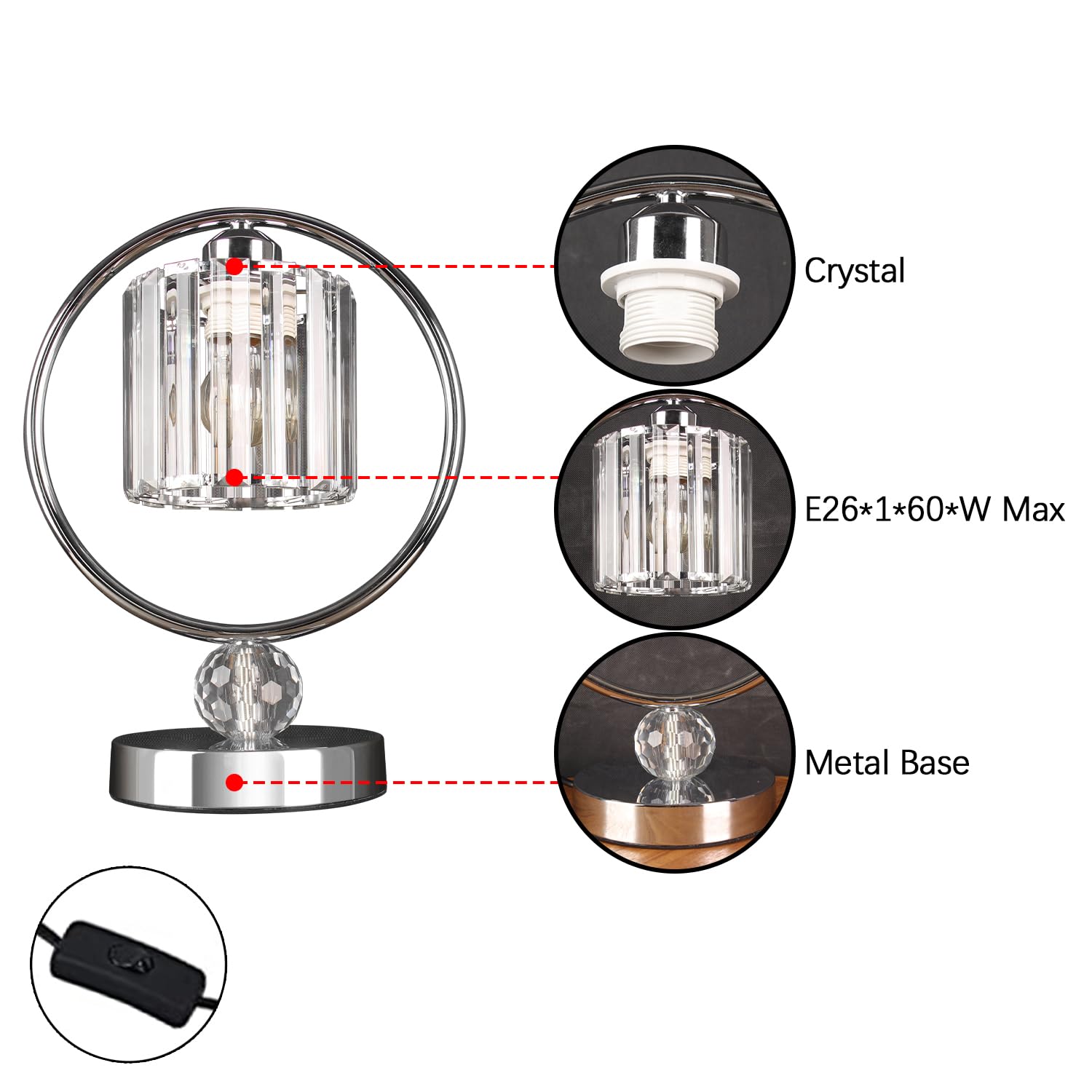 Finktonglan Crystal Lamps Table Lamp For Night Stand Modern Table Lamp Metal Bedside Small Bedroom Lamps For Bedroom Nightstand Living Room Home Office(E26 Chrome)