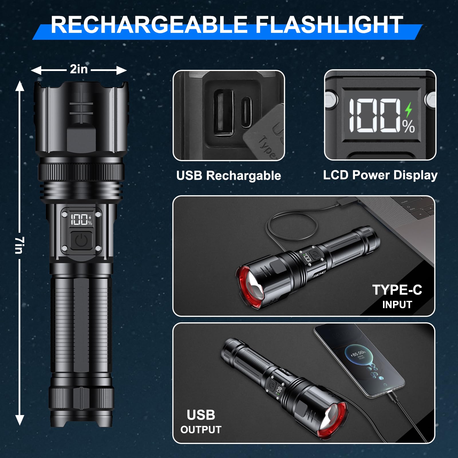 Siuyiu Flashlights High Lumens, 5500 Lumens Rechargeable Flashlight With Lcd Digital Power Display, Zoomable Led Super Bright Flash Light, 4 Mode, Ipx5 Waterproof For Camping, Emergencies And Outdoor
