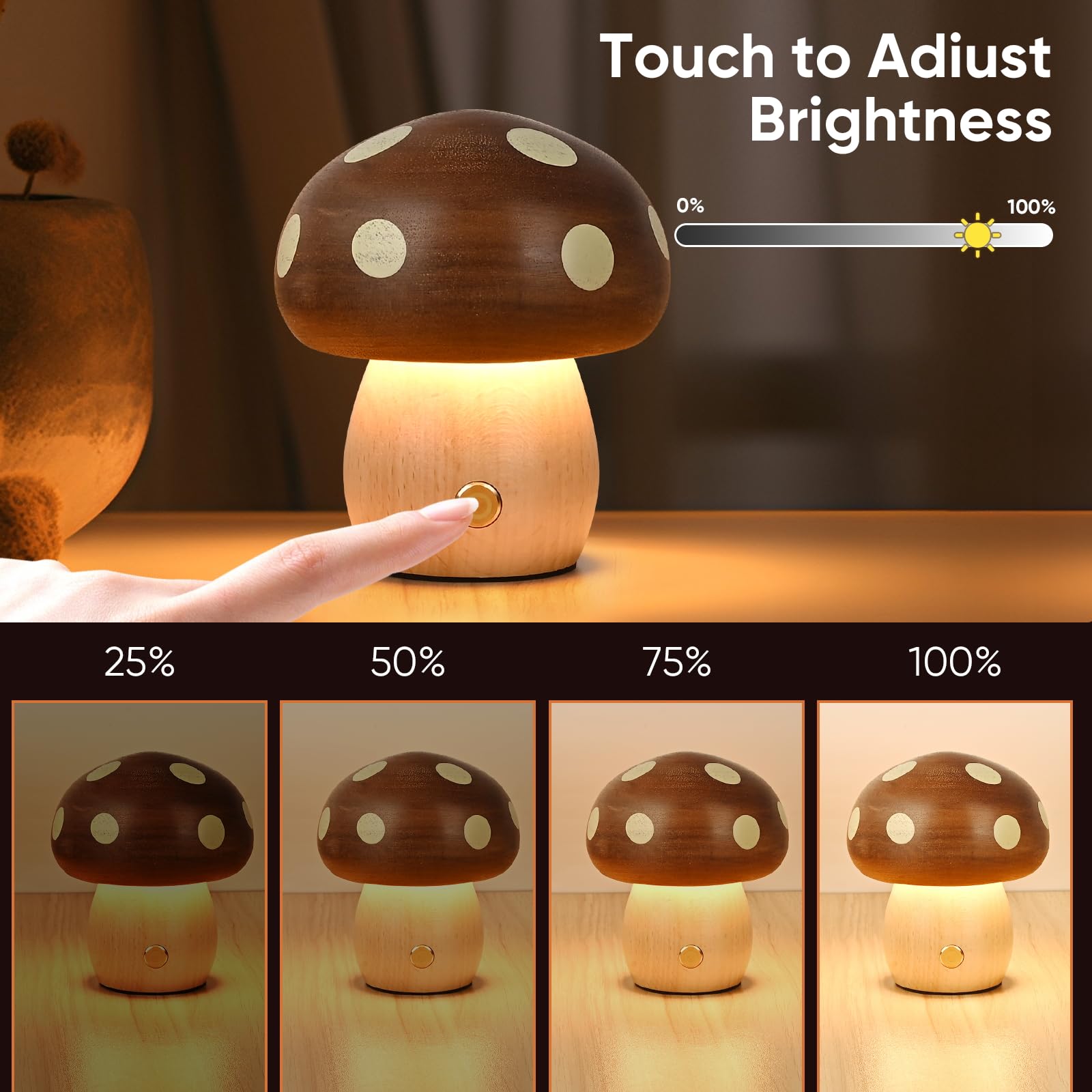Lonrisway Led Wooden Mushroom Lamp, Rechargeable Battery Operated Portable Cordless Touch Switch Small Lamp, Stepless Dimming Night Light For Birthday