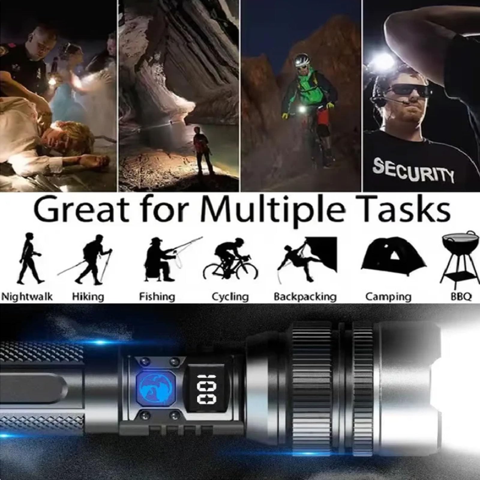 Hixako Benighty Flash Light,Benighty  The Ultimate Survival Flashlight,Led Rechargeable Utility Flashlights High Lumens,Waterproof Zoomable Emergencies Handheld Spotlight For Camping (1Pcs)