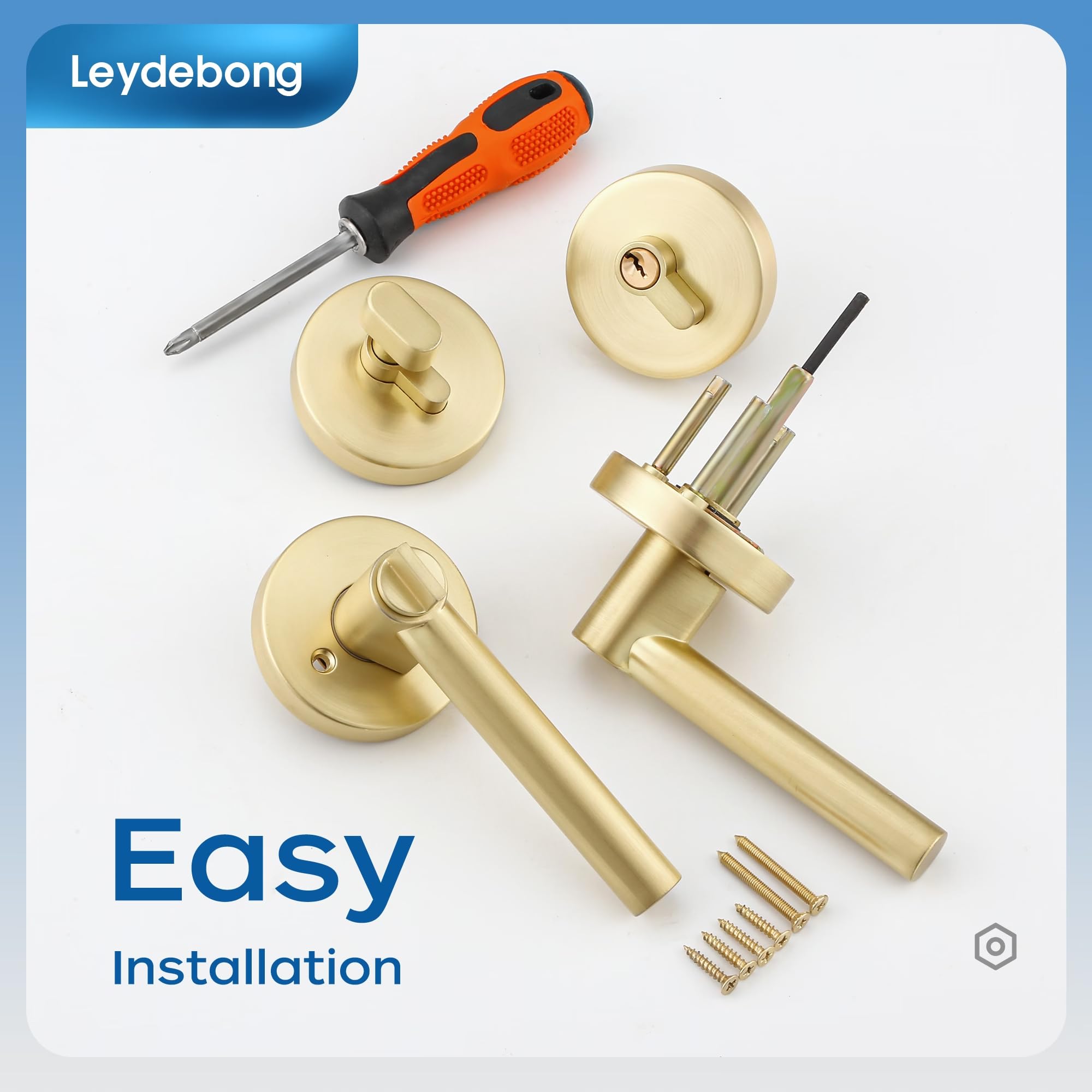 Leydebong 4 Pack Door Handleset With Single Cylinder Deadbolt, Gold Deadbolt, Reversible For Right And Left Side Single Keyed Alike Lock Set