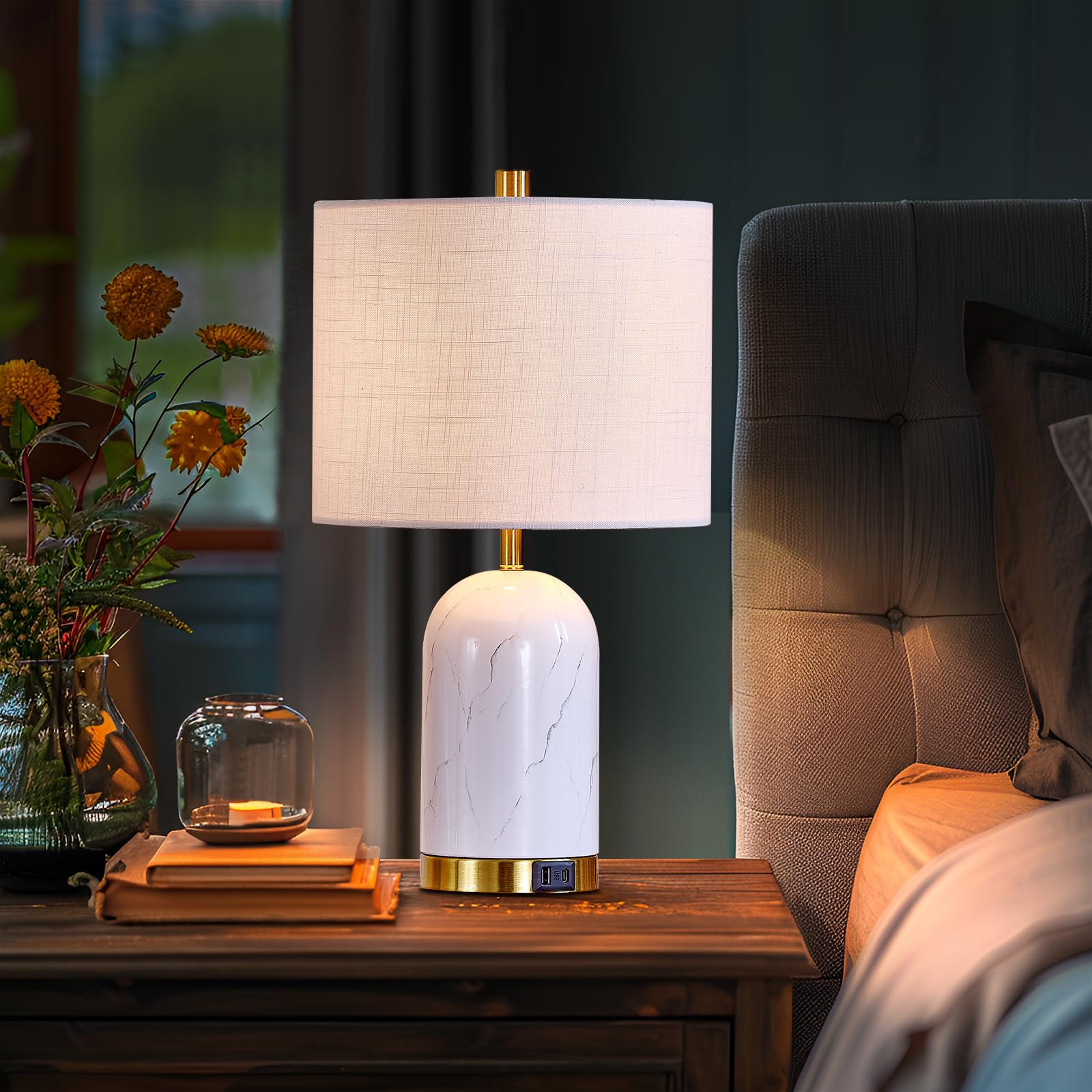 Ltgsrc Table Lamp, 20" Modern Faux Marble Style Lamp For Living Room Bedroom Office, Bedside Night Stand With White Gold Base Linen Shade, Usb C+A Charging Ports, Led Bulb Included