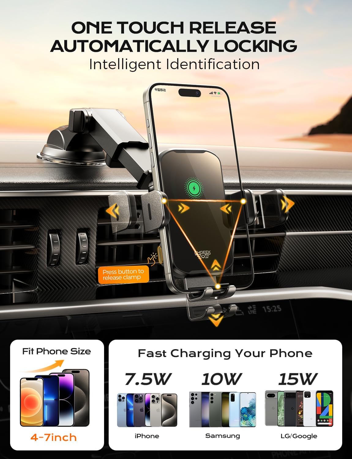 Chgeek Wireless Car Charger Phone Holder Mount, 15W Fast Charging Auto Clamping Phone Holders For Your Car Dashboard Windshield Air Vent Car Accessories For Iphone, Samsung Galaxy, Google Pixel Etc
