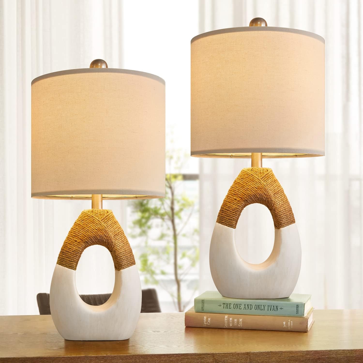 Oyears Boho Table Lamps Bedroom Living Room Set 2 Small Farmhouse Rattan Table Lamp 19”Rustic Home Decoration Nightstand Bedside Lamp For Office Compatible With Smart Light Bulbs(Not Include Bulbs)