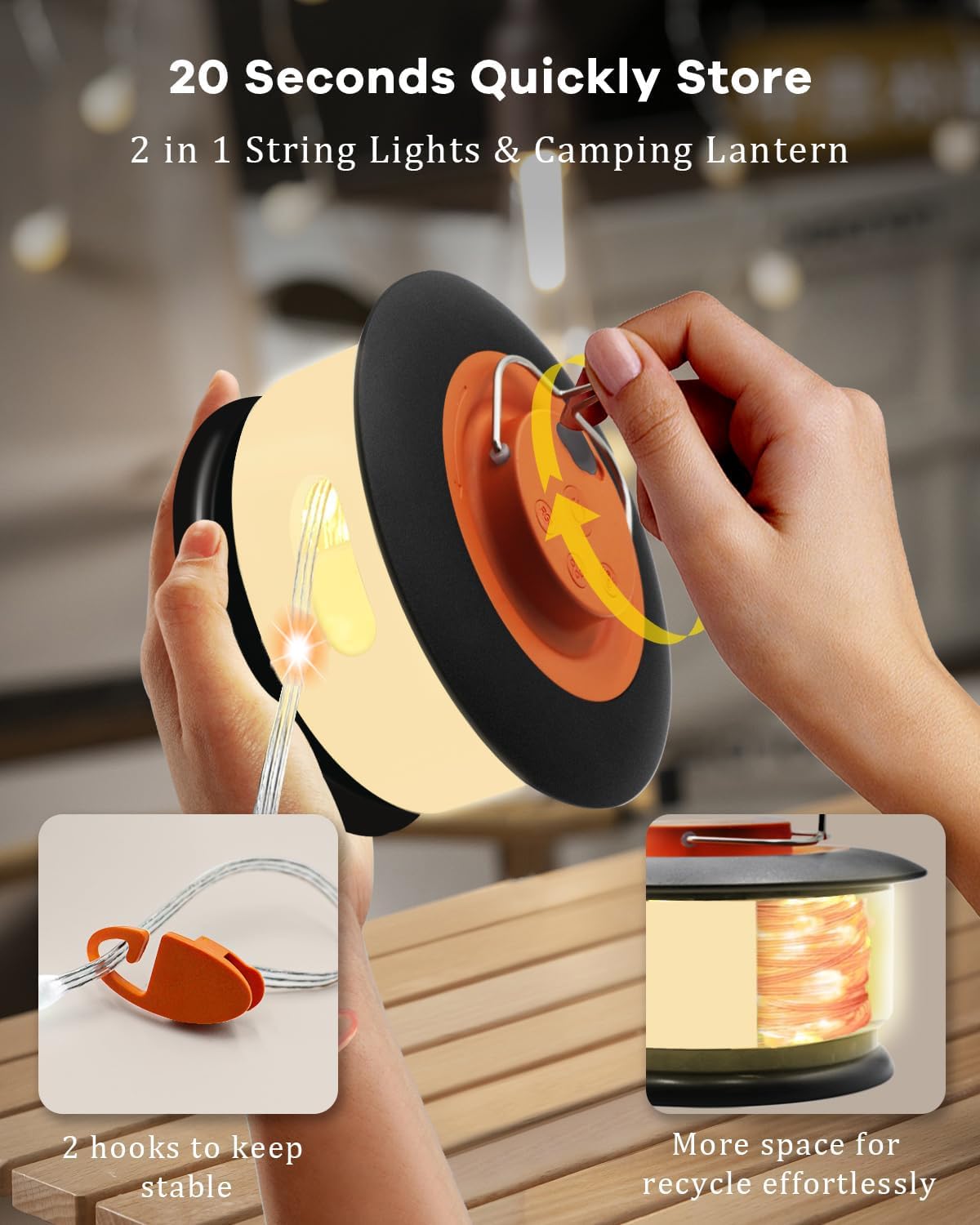 Homebest Camping String Lights – 33Ft Rgb Retractable Light With 19 Lighting Modes, Quick 20S Recovery, Waterproof, 3-In-1 Quick Storage, Rechargeable Tent Lights For Camping, Hiking, Yard, Travel,Holiday Gift