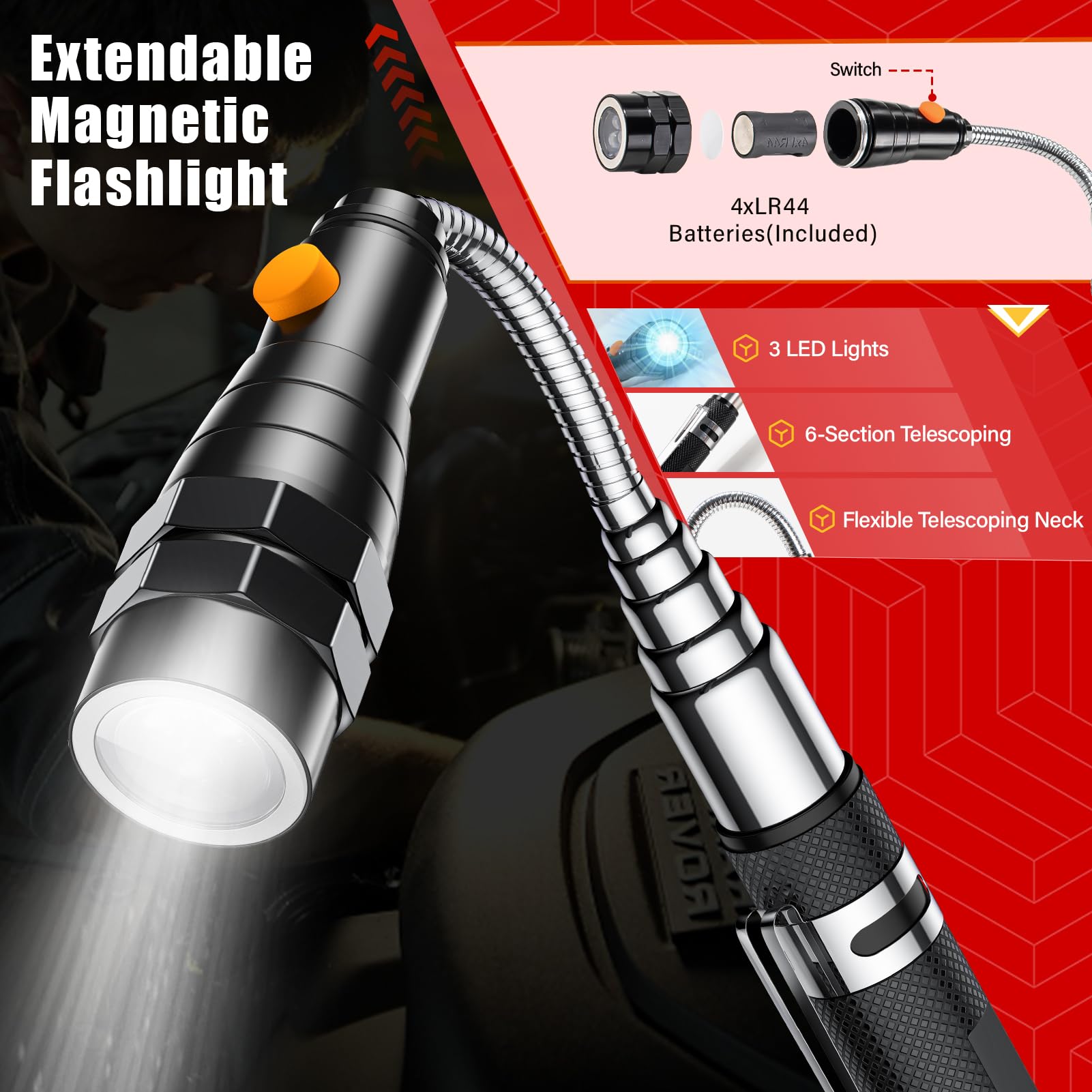 Symntem  For Him,Telescoping Magnetic Pick Up Tool Set, Birthday  For Men, Extendable Magnet Flashlight With Inspection Mirror, Flexible Led Flashlight,  For Men, Women