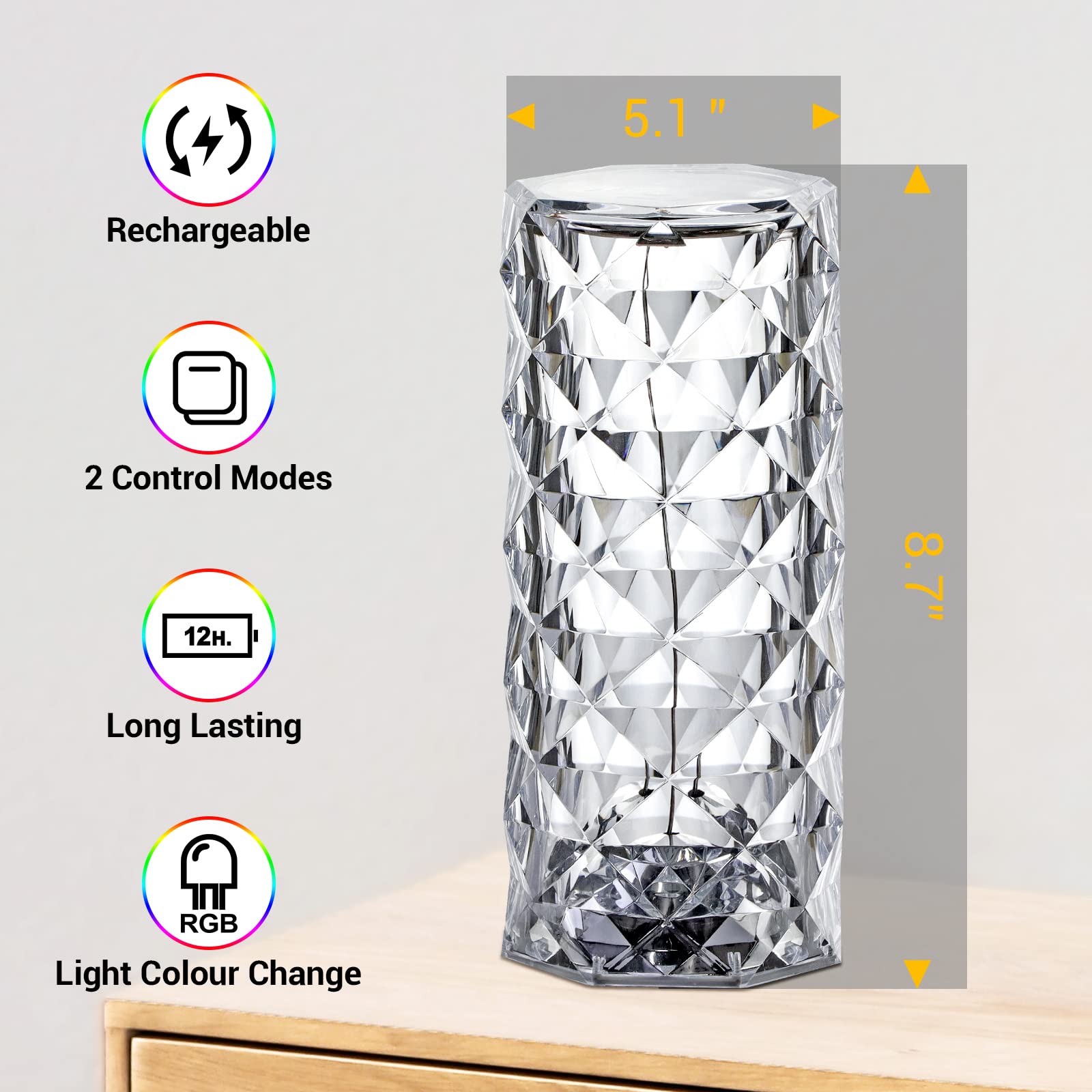 Best World Led Rose Lamp, Touch Control, Crystaltable Lamp With 16 Colors,Rgb Night Light Usb & Remote Control,Led Diamond Touch For Bedroom, Rechargeable Light, Birthday