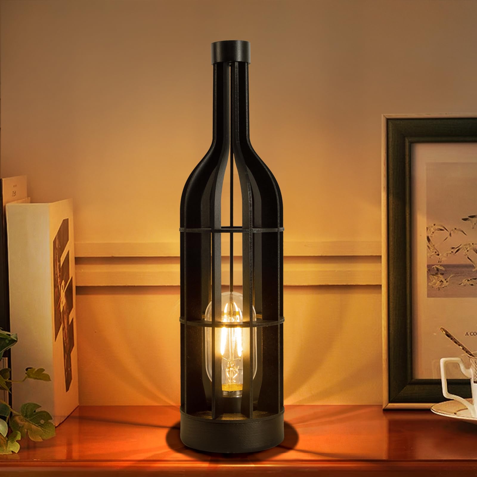 Mj Premier Battery Operated Cordless Lamps Timer, Wooden Wine Bottle Shape Table Lamp, Portable Emergency Lamp For Area No Plug, Decorative Accent Lamp For Tabletop/Corner/Entryway/Stairway/Bathroom (Jet Black)