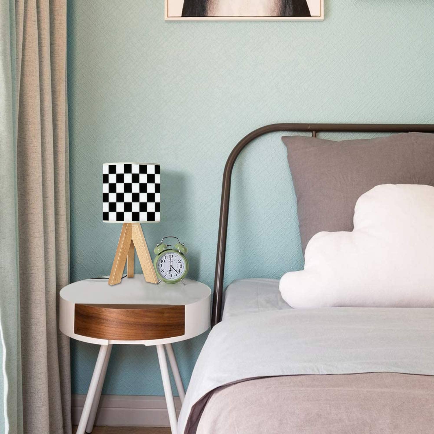 Oepwqiwepz Tripod Bedside Desk Table Lamp Black White Checkered Seamless Endless Racing Flag Texture Wood Nightstand Lamp With Linen Fabric Shade For Nursery Bedroom Living Room Kids Room