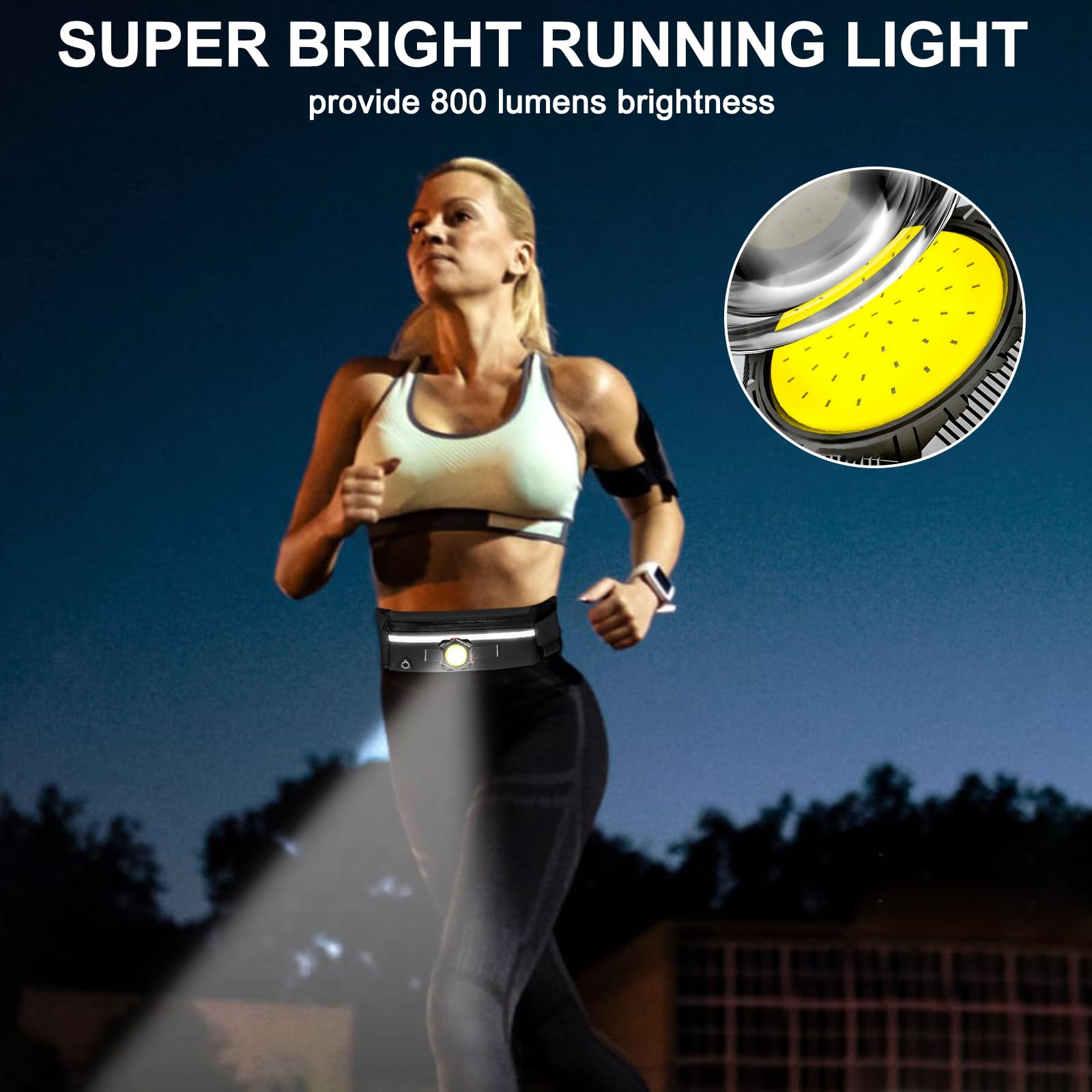 Siuyiu Running Light, Fanny Packs With 800 Lumen Cob Light For Men Women, Ipx5 Waterproof, Waist Belt Running Lights With Adjustable Strap For Hiking Walking