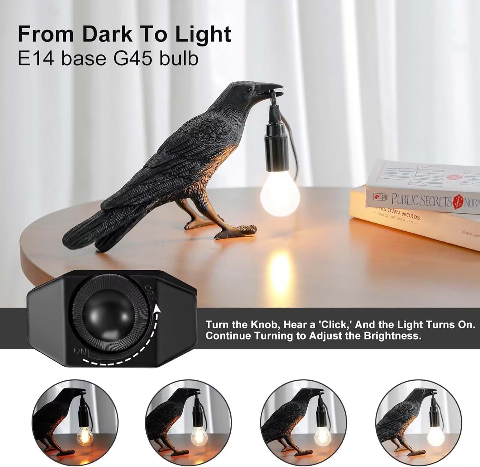 Kenjiey Raven Lamp - Adjustable Brightness With Bulb, Gothic Home Decor For Bedside, Bedroom, Living Room, Halloween Table Decor Light