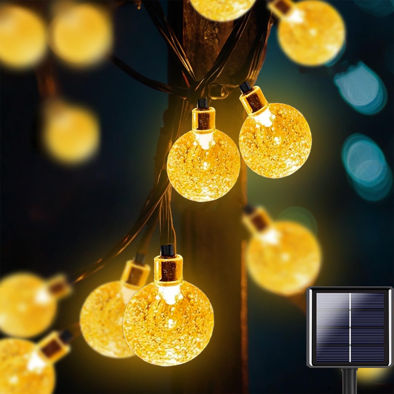 Wominoy 50 Led Solar String Lights Outdoor, 30.67Ft Solar Powered Crystal Globe Lights Waterproof With 8 Modes, Solar Lights For Outside, Yard Patio Garden Camping Wedding Party Decor（Warm White）